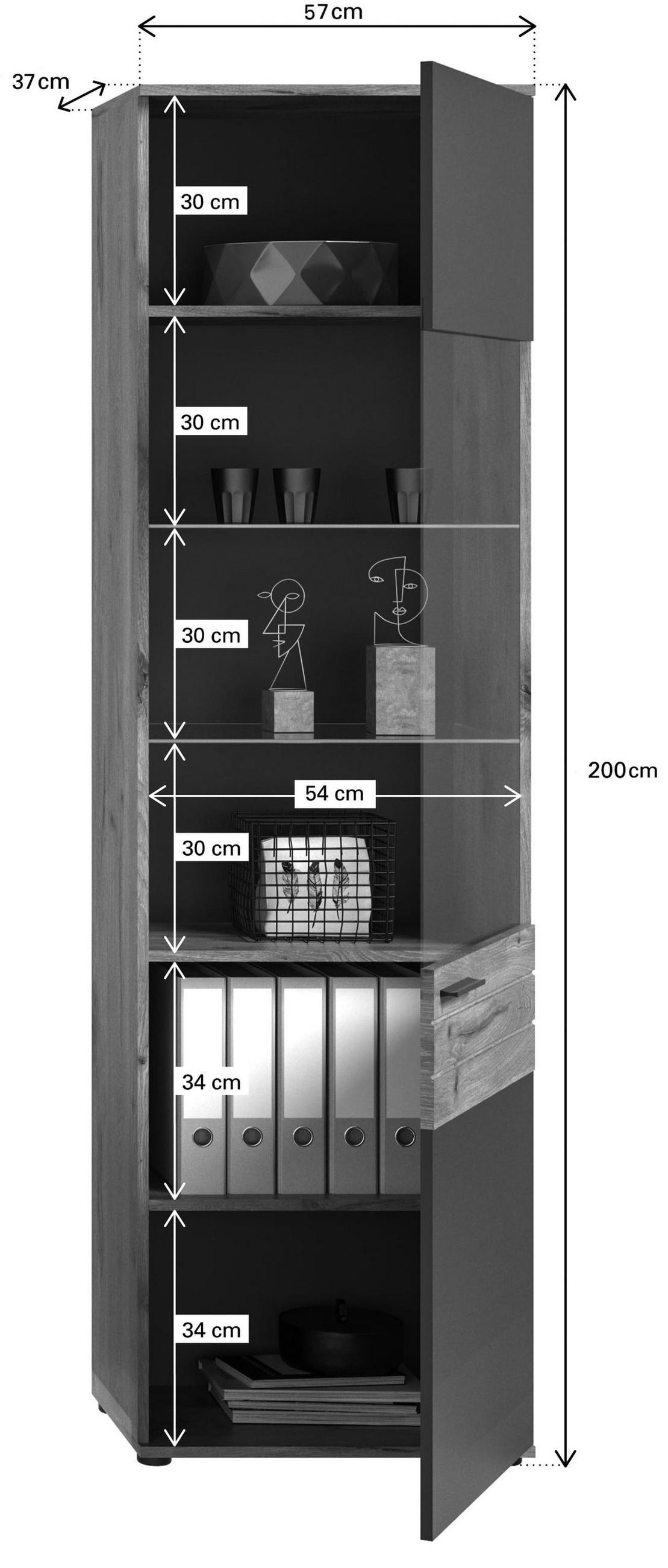 VITRINE MASON (B/H/T: ca. 57/200/37 cm) in Nox Oak Nachbildung/Basalt grau - Eichefarben, Holzwerkstoff (57/200/37cm)