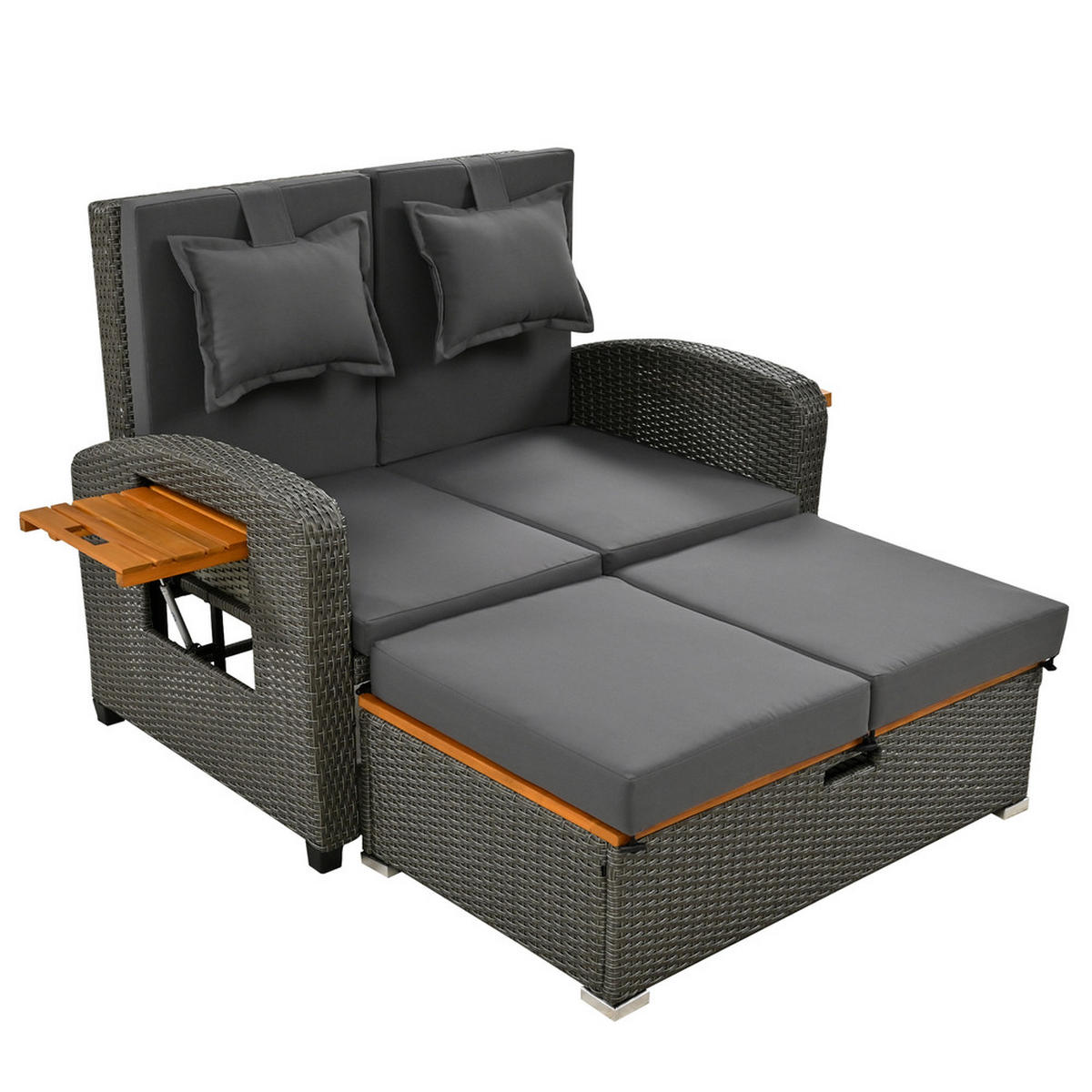 GARTENLOUNGE 2 Personen Grau Rattan verstellbar mit Hocker Kissen - Grau, Metall (53/29.21/84.8cm) - FLIEKS