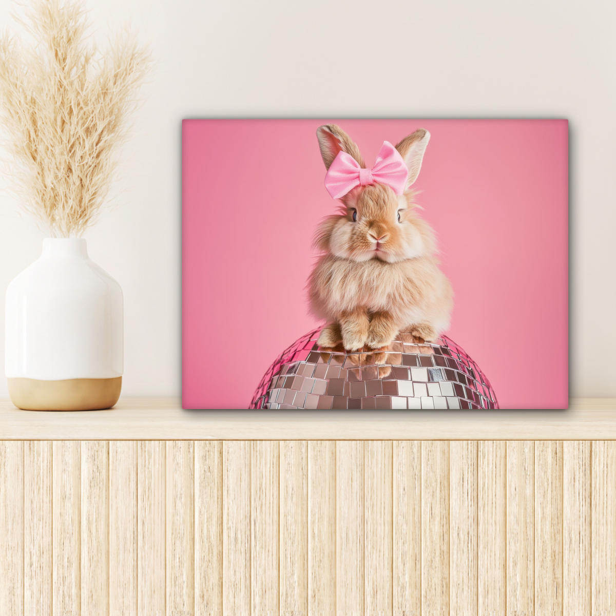 LEINWANDBILD Schleife - Discoball - Kaninchen Wandbild 40x30 cm - Pink, Textil (40/30cm) - MuchoWow