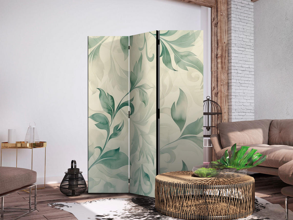 PARAVENT Akustik 3-tlg 135x172 cm Gr ne Bl tter - Beige, Holz/Textil (135/172/3cm) - Muralo