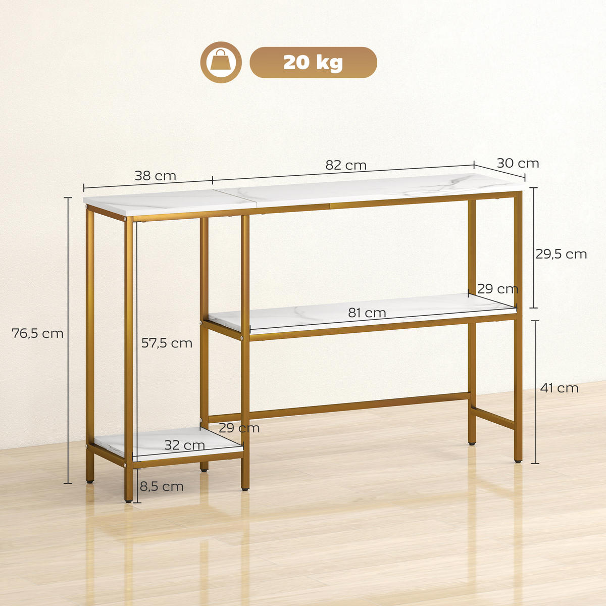 KONSOLENTISCH DE-16805 Marmor-Optik, 3 Ablagen Weiß & Gold - Weiß, Holzwerkstoff (120/30/76.5cm) - ComfortXL