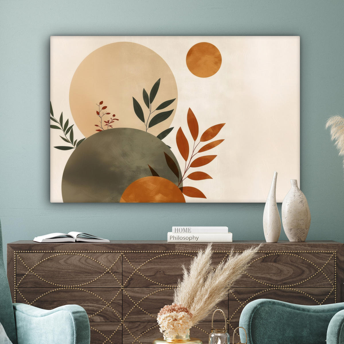 LEINWANDBILD Formen - Rund - Blätter - Beige XXL 150x100 cm - Rostfarben, Textil (150/100cm) - MuchoWow