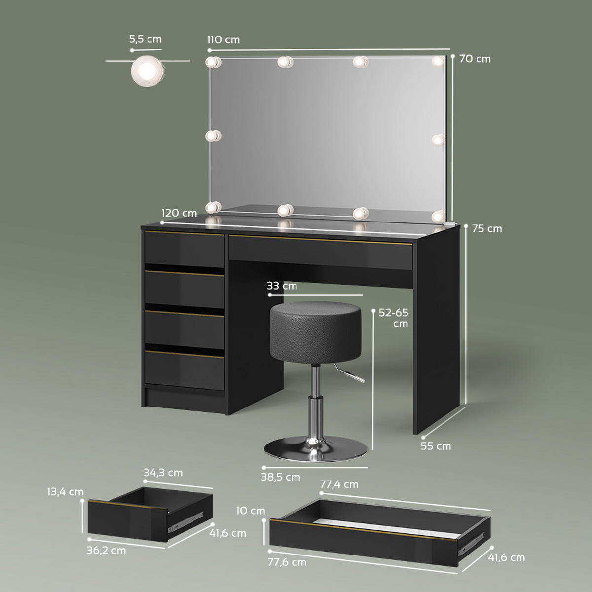 SCHMINKTISCH Imola Schwarz/Gold mit LED Beleuchtung und Hocker - Goldfarben/Schwarz, Holzwerkstoff (120/75/55cm) - Livinity®