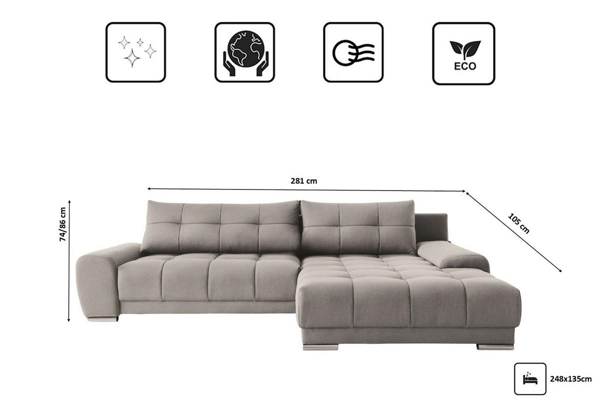 ECKSOFA WAVE Mit Schlaffunktion, Stoff SORO, Beige Rechts - Beige, Holz (281/105cm) - Kaiser Möbel
