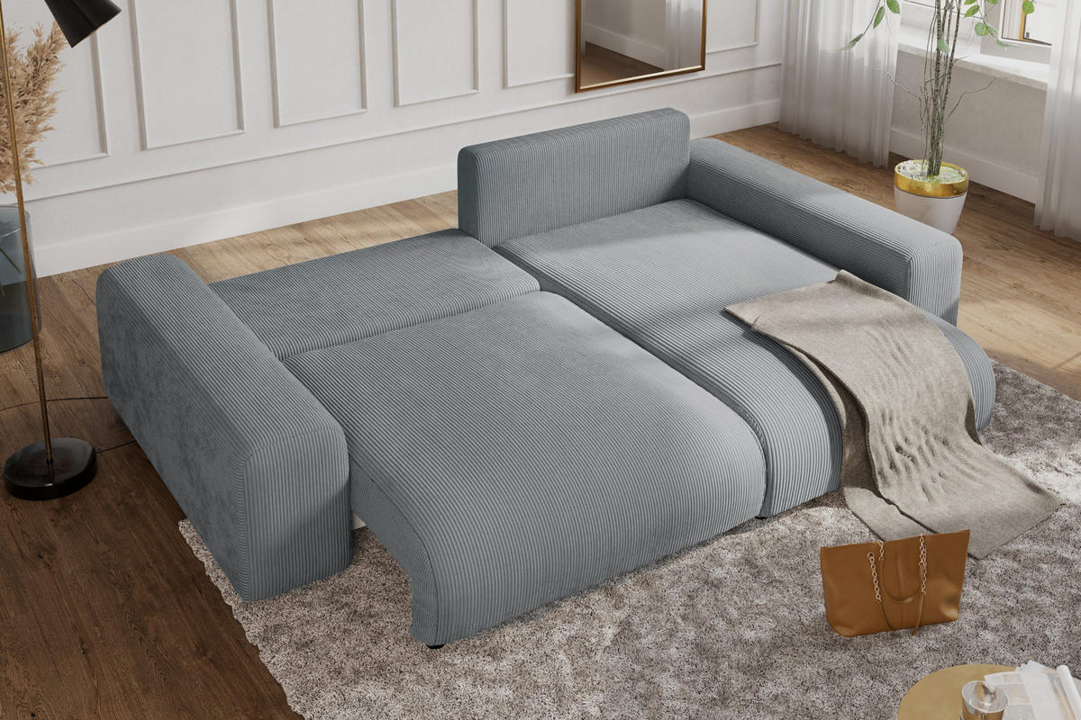 ECKSOFA mit Schlaffunktion, Bettkasten, Wellenunterfederung, seitenverkehrt montierbar B255/T165/H84 cm, Liegefl. 148x196 cm, Cord Hell-Grau / 21007 - Hellgrau/Schwarz, Kunststoff/Textil (255/165cm) - luma-home