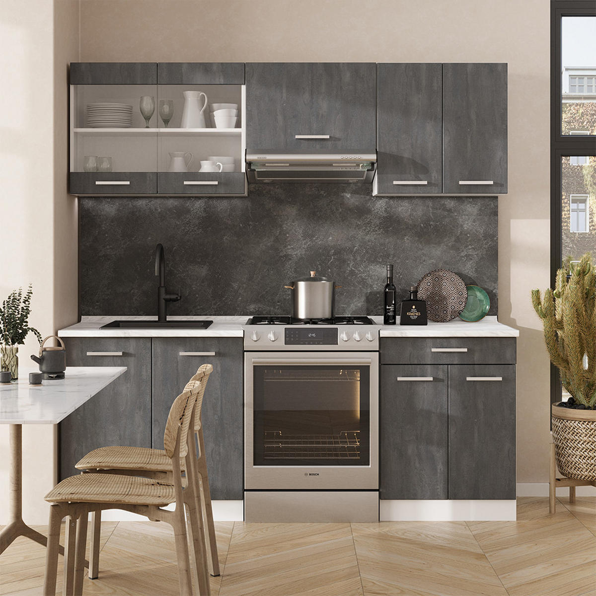 KÜCHENZEILE R-Line Schwarz Beton/Weiß 200 cm AP Anthrazit - Schwarz/Weiß, Holzwerkstoff (200/81.6/60cm) - Vicco