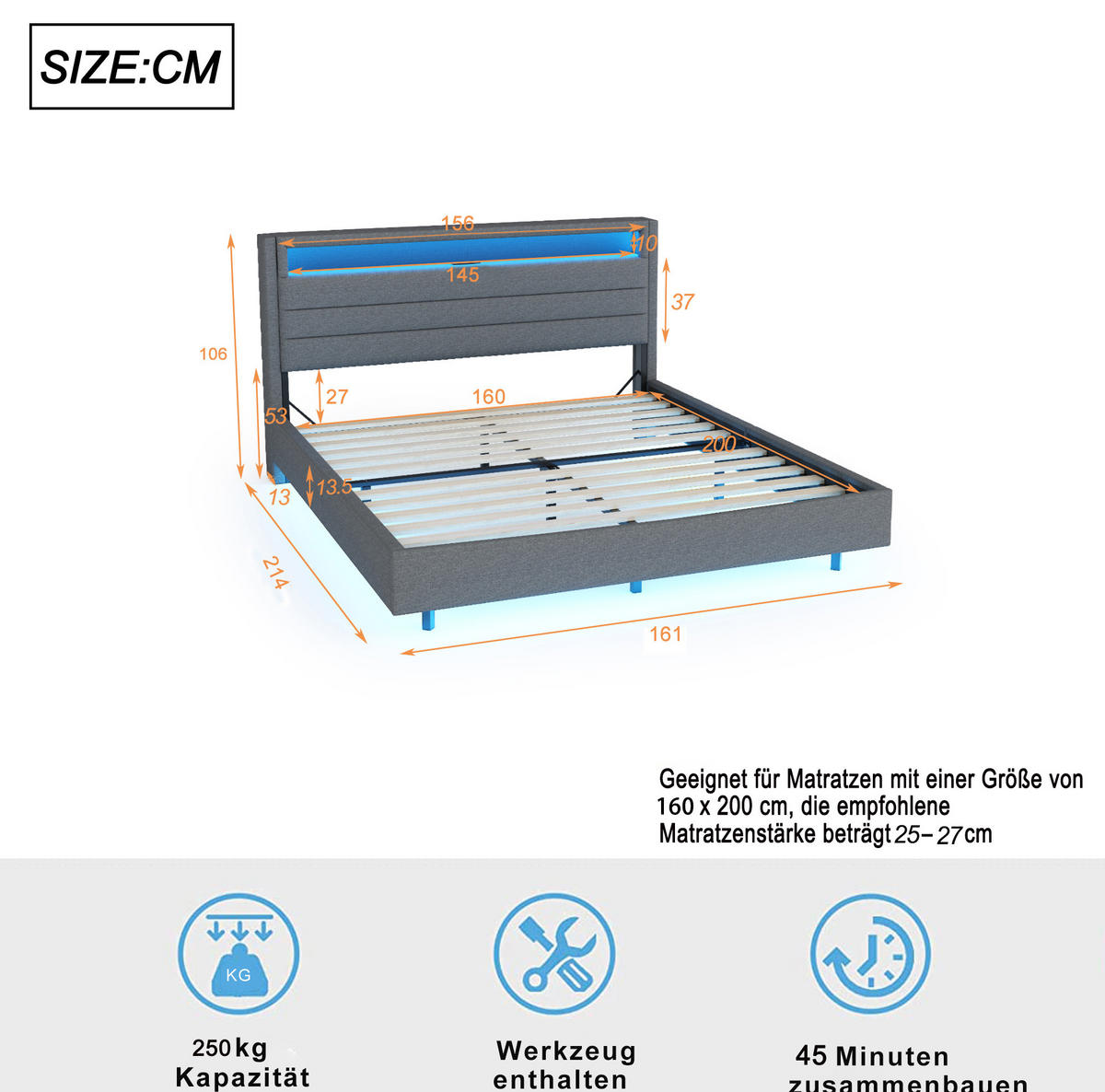 POLSTERBETT 160/200 cm mit LED-Beleuchtung, USB-Anschluss und gepolstertem Kopfteil - Grau, Textil (160/200cm) - BEAOK