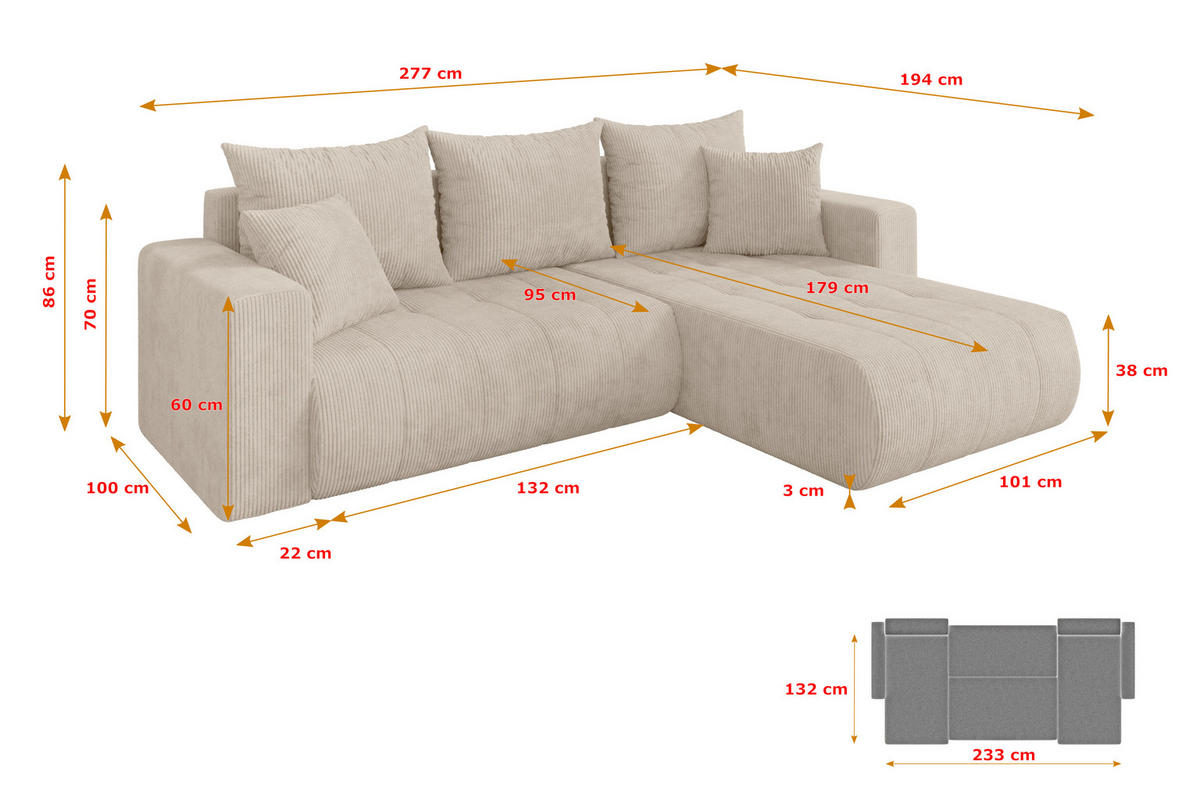 ROHOVÁ SEDAČKA s funkcí spaní, otoman vpravo MILA-L 277x194x86 béžová manšestr - černá/béžová, kompozitní dřevo/textil (277/194cm) - ALTDECOR