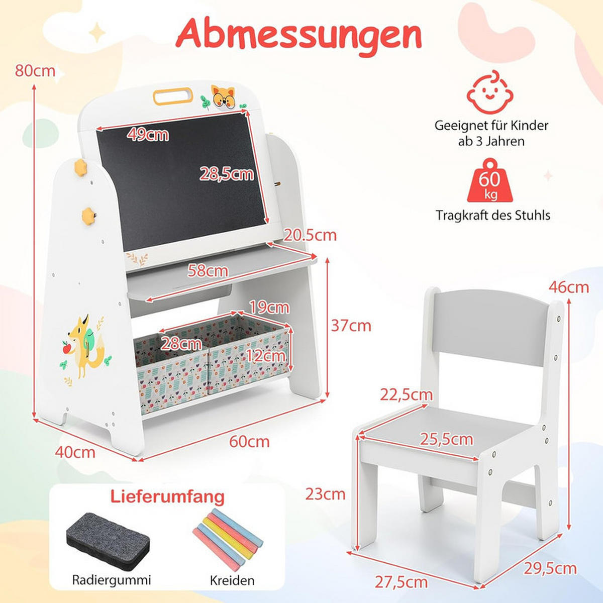 KINDERSTAFFELEI-SET mit Stuhl grau(2-tlg) - Grau, Holzwerkstoff (60/80/40cm) - COSTWAY