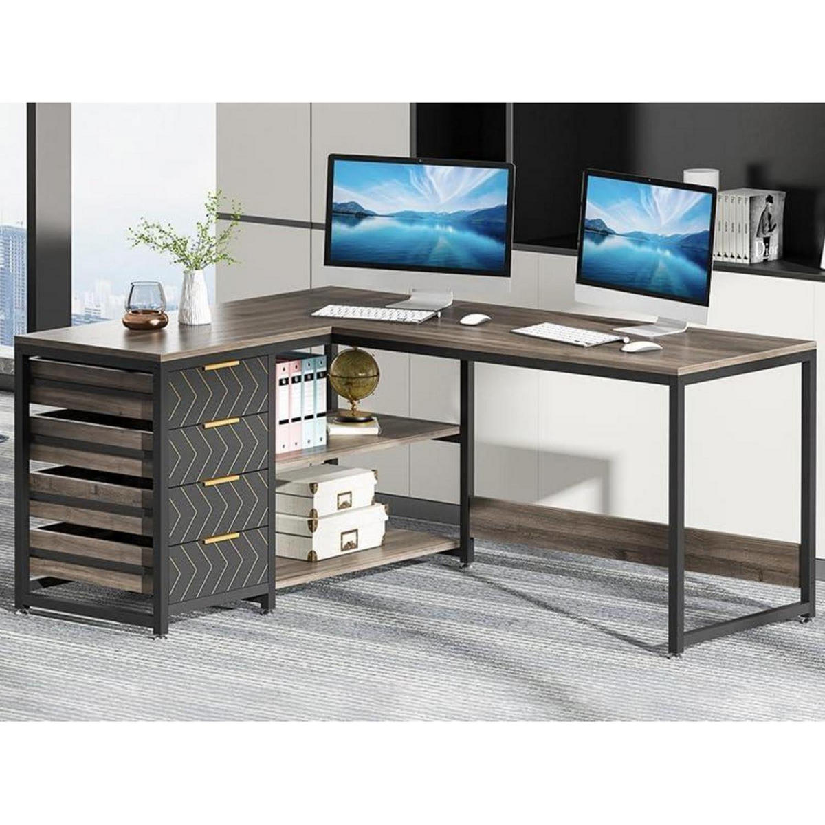 L-FORM Schreibtisch mit 4 Schubladen 150 x 110 x 75 cm Grau - Braun, Holzwerkstoff (110/150/75cm)