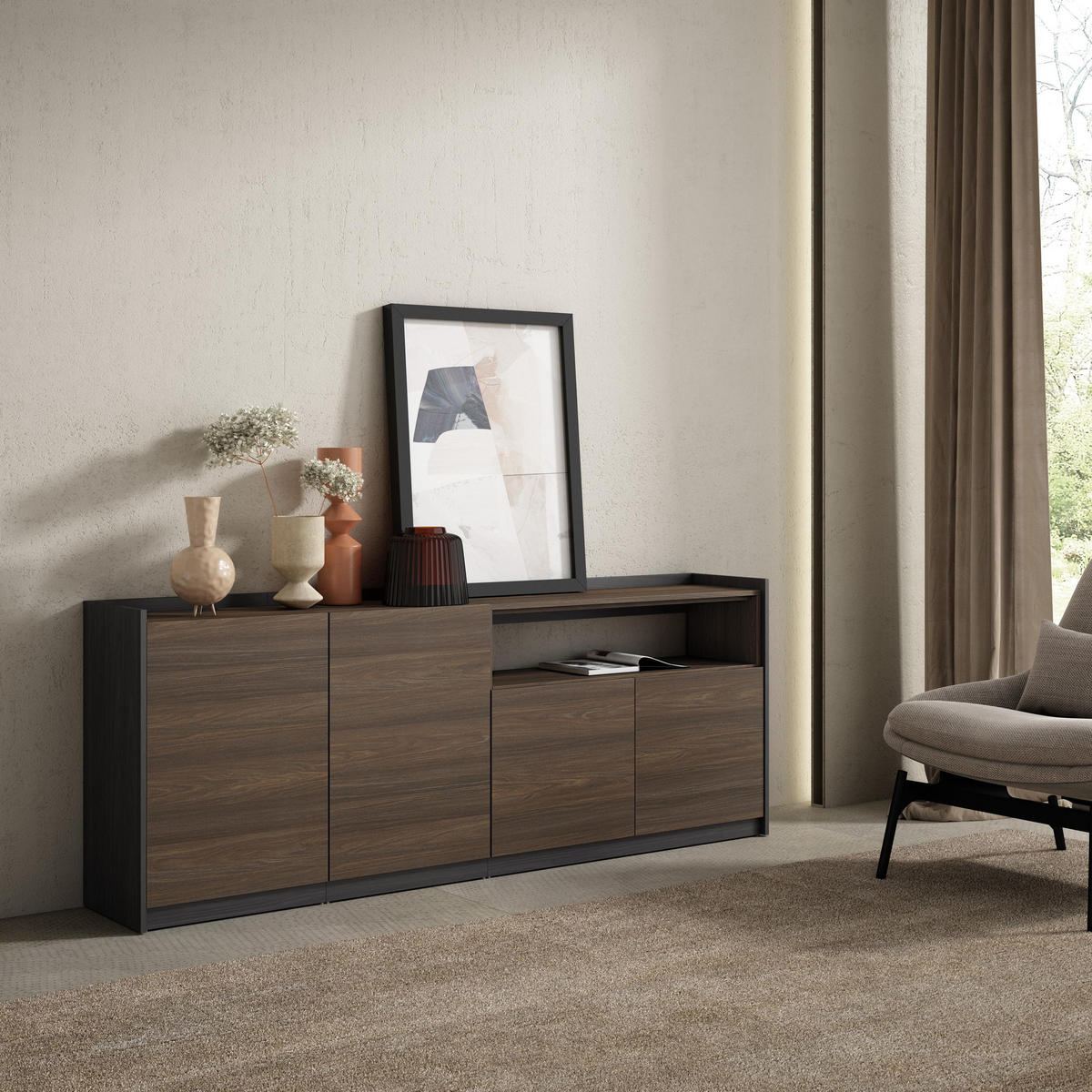 SIDEBOARD, Highboard, Dunkler Eiche und Schwarz, 207/37/80cm - Dunkelbraun, Holzwerkstoff (207/80/37cm) - Skraut Home