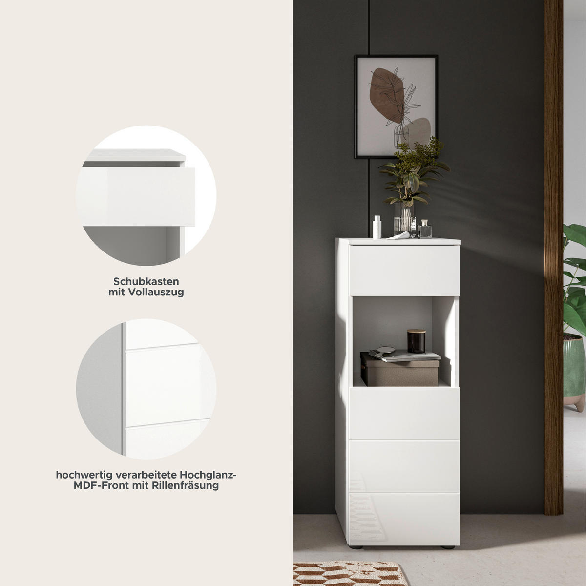 STANDSCHRANK VIRA (B/H/T: ca. 38/106/34 cm) in weiß/weiß hochglanz - Weiß, Holzwerkstoff (38/106/34cm)