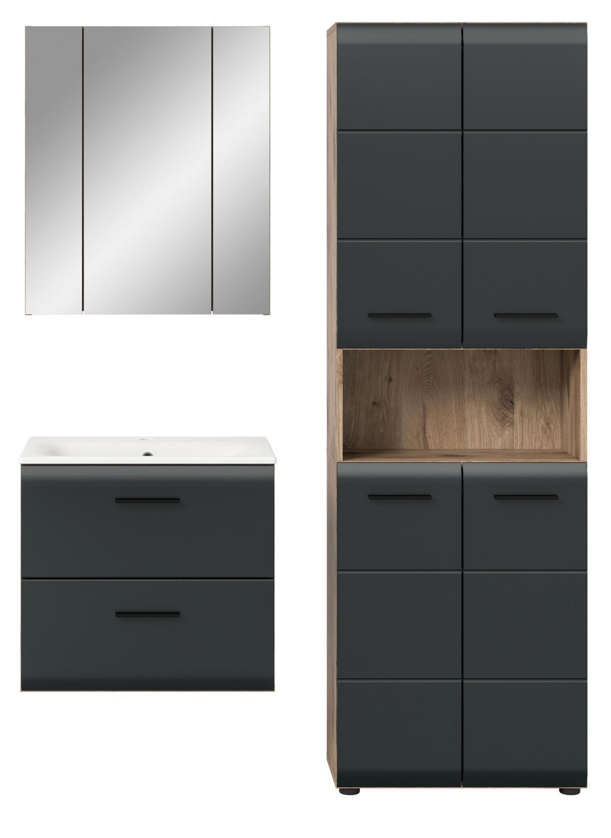 BADMÖBEL-SET schwarz matt, Nox Eiche 3-teilig, Badkombination inklusive Waschbecken - Eichefarben/Schwarz, Glas/Holzwerkstoff (135/185/46cm) - Inn.Furn