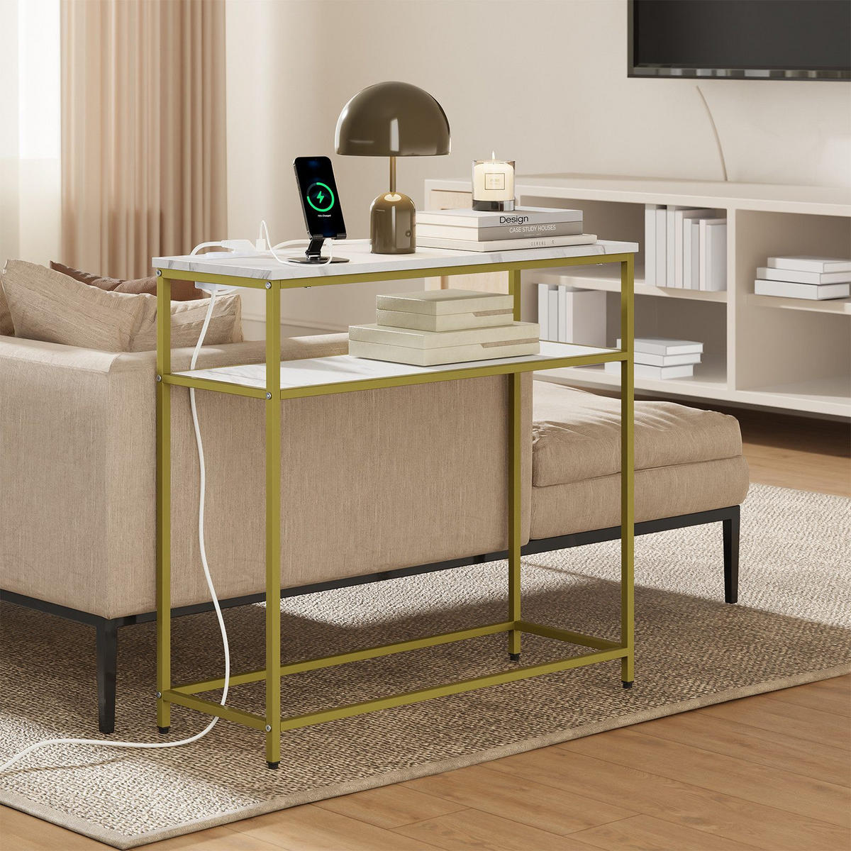 KONSOLENTISCH mit 2 Ablagen und 2 Steckdosen modern 80x30x75 cm - Goldfarben/Weiß, Holzwerkstoff/Metall (30/80/75cm) - SoBuy