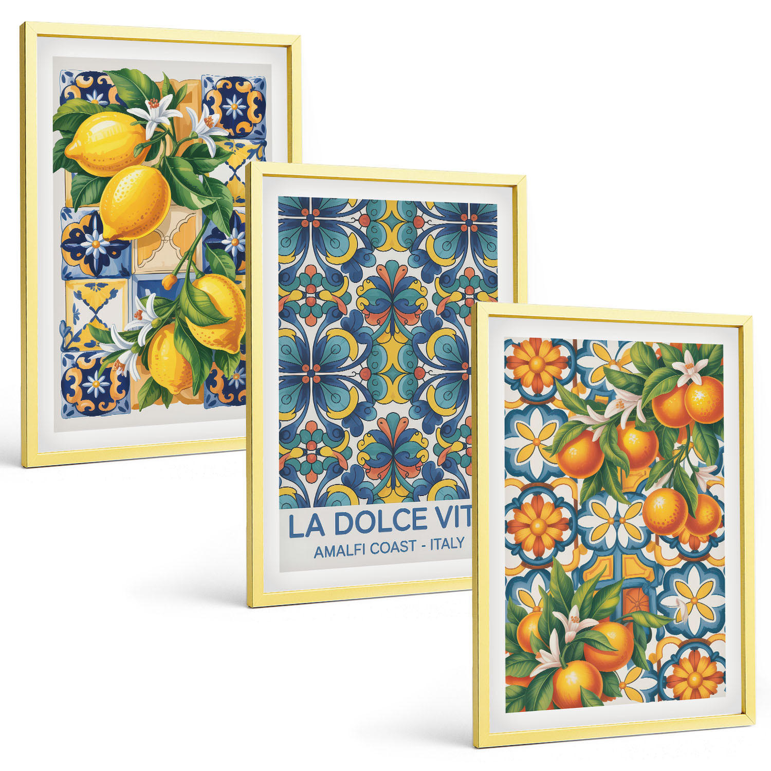 BILDER SET 3er Set - 40x60 cm Goldrahmen - Zitronen-Orangenblütenmuster - Goldfarben, Kunststoff (40/60cm) - TULUP