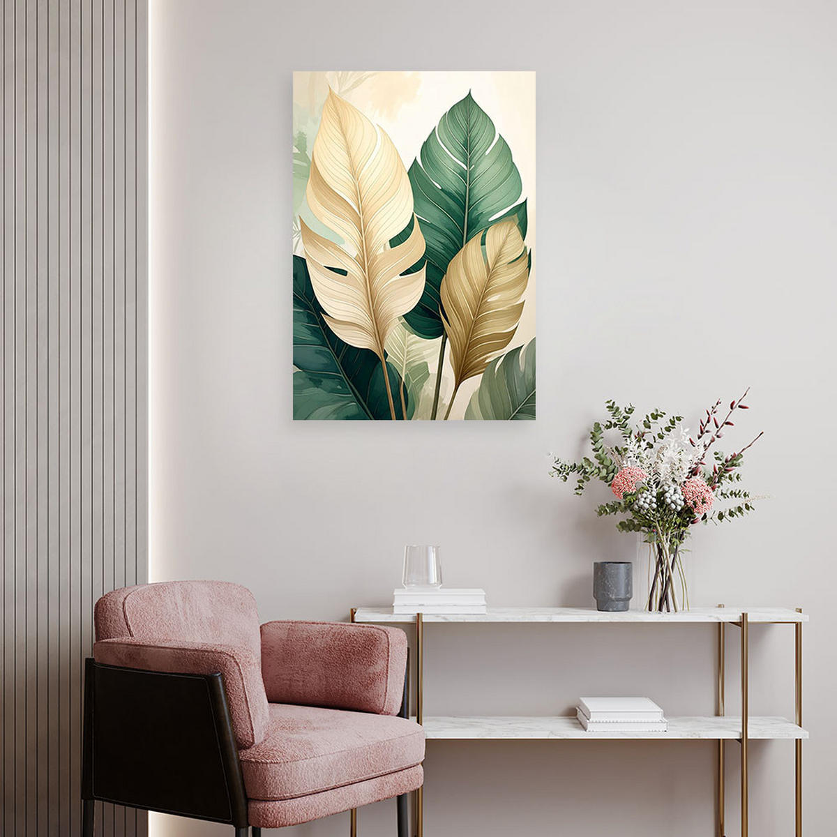 BILD auf Leinwand, Grüne und beige Monstera-Blätter im Stil des städtischen Dschungels - Grün, Textil (30/45cm) - Feeby