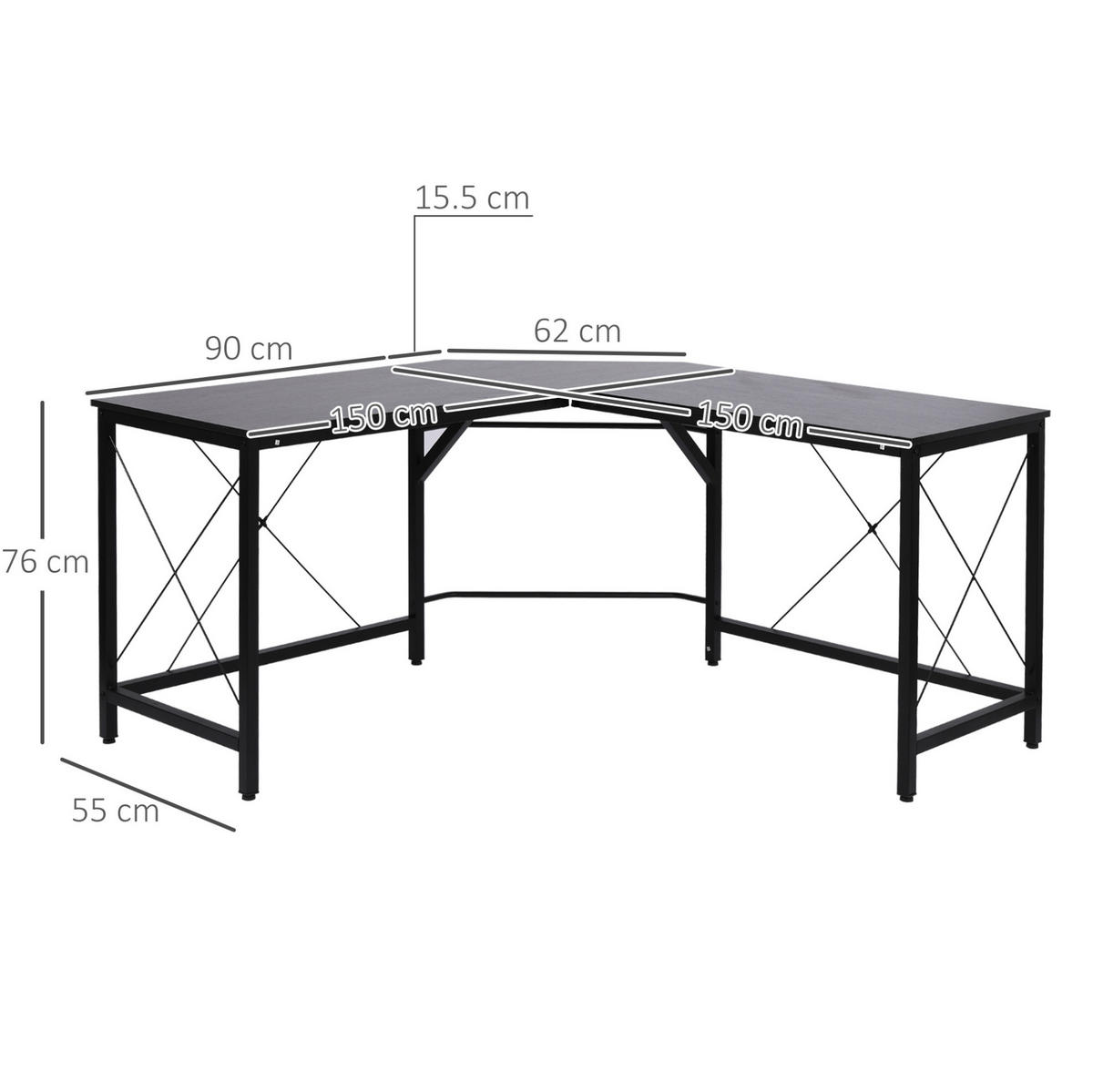 ECKSCHREIBTISCH L-Form 150 x 150 x 76 cm Stahl Schwarz - Schwarz, Metall (150/150/76cm) - Meubliv
