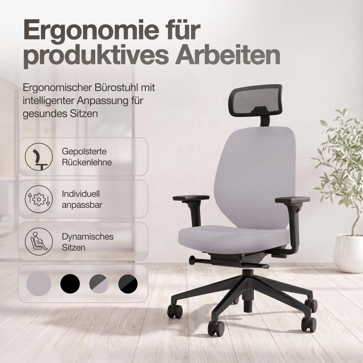 DREHSTUHL Ergonomischer Bürostuhl Atessa mit Polsterrücken und Kopfstütze / Mit Kopfstütze Hellgrau Ergonomischer Polsterrücken - Hellgrau, Textil (62.5/120.5/45cm) - ASSMANN