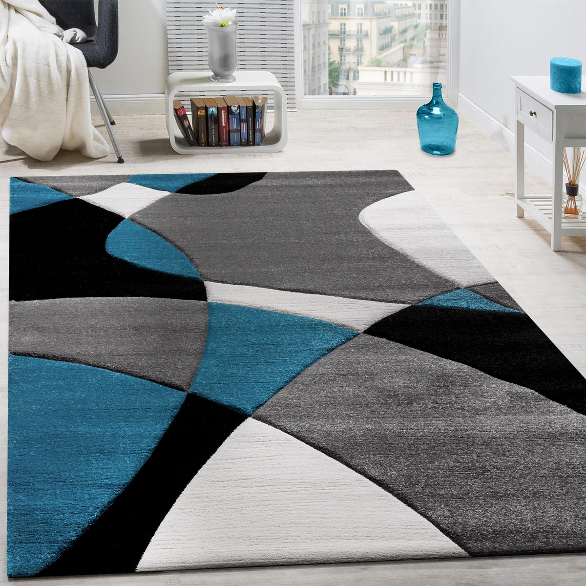 TEPPICH Kurzflor Abstrakt Wohnzimmer schmutzabweisend Türkis Rechteckig 200x290 - Blau, Textil (200/290cm) - KADIMA DESIGN