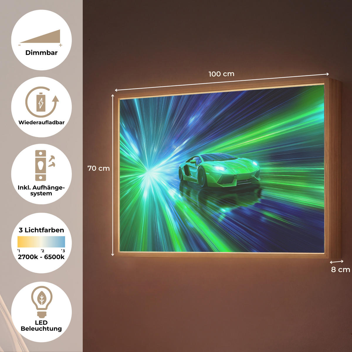 DOBÍJECÍ NOČNÍ LAMPIČKA Rychlost - Lehké - Sportovní vůz - Zelená 100x70 cm - zelená barva, kompozitní dřevo (8/100/70cm) - OnlyWow