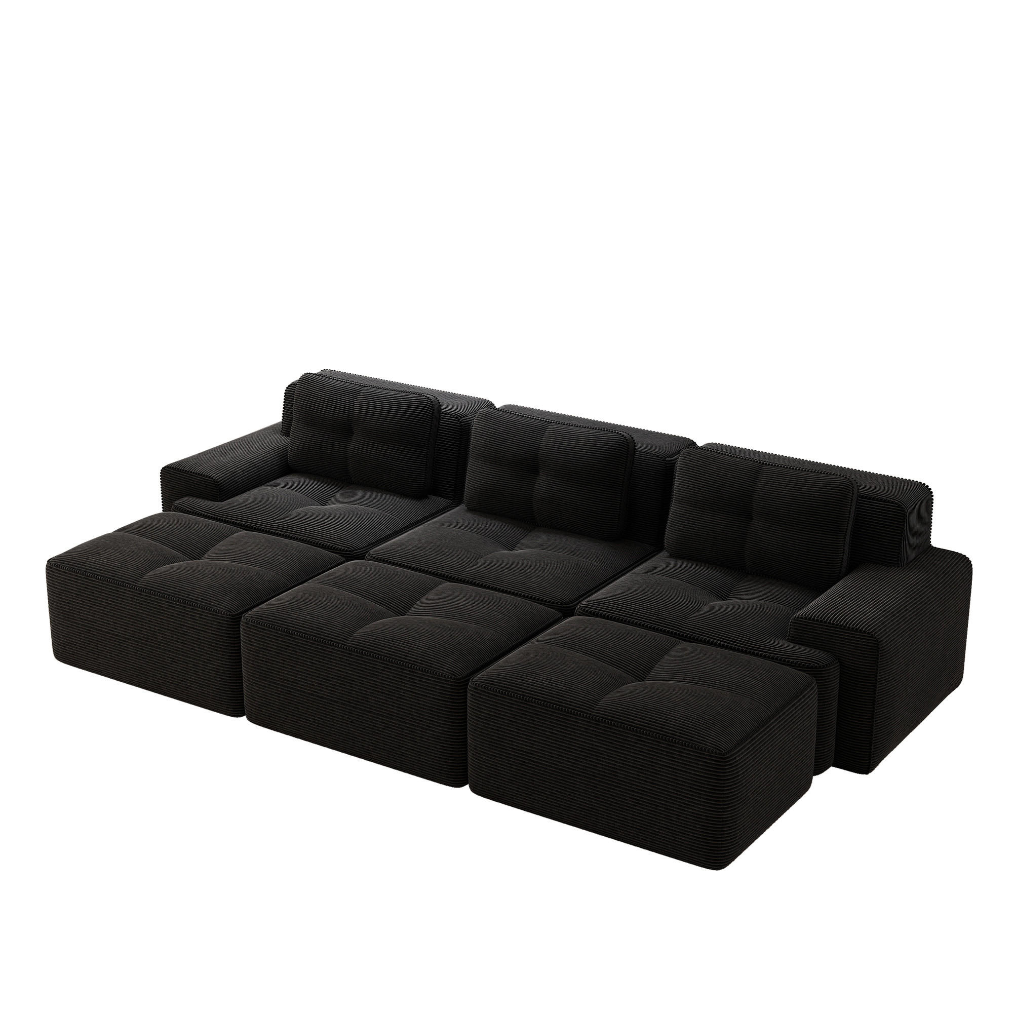 3-SITZER Sofa 293×177×69 cm Cordstoff knochenlos modular mit 3 Hockern, schwarz - Schwarz, Textil (177/69/293cm)
