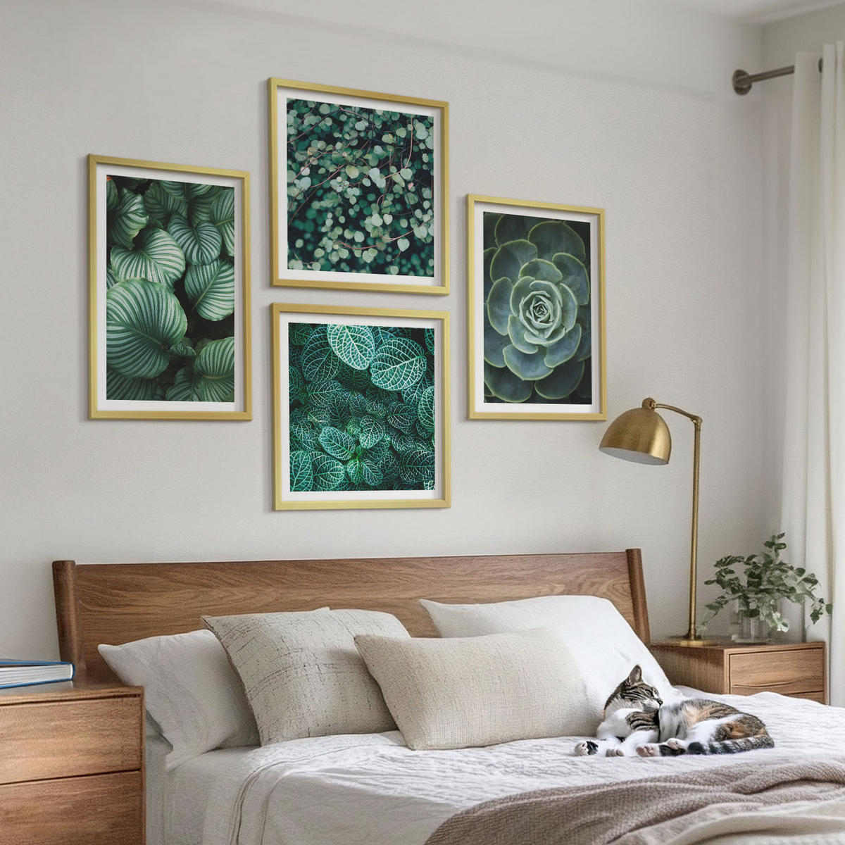 BILDER SET 4er Set - 50x50 cm & 40x60 cm Goldrahmen - Grüne, saftige Blätter - Goldfarben, Kunststoff (50/50cm) - TULUP