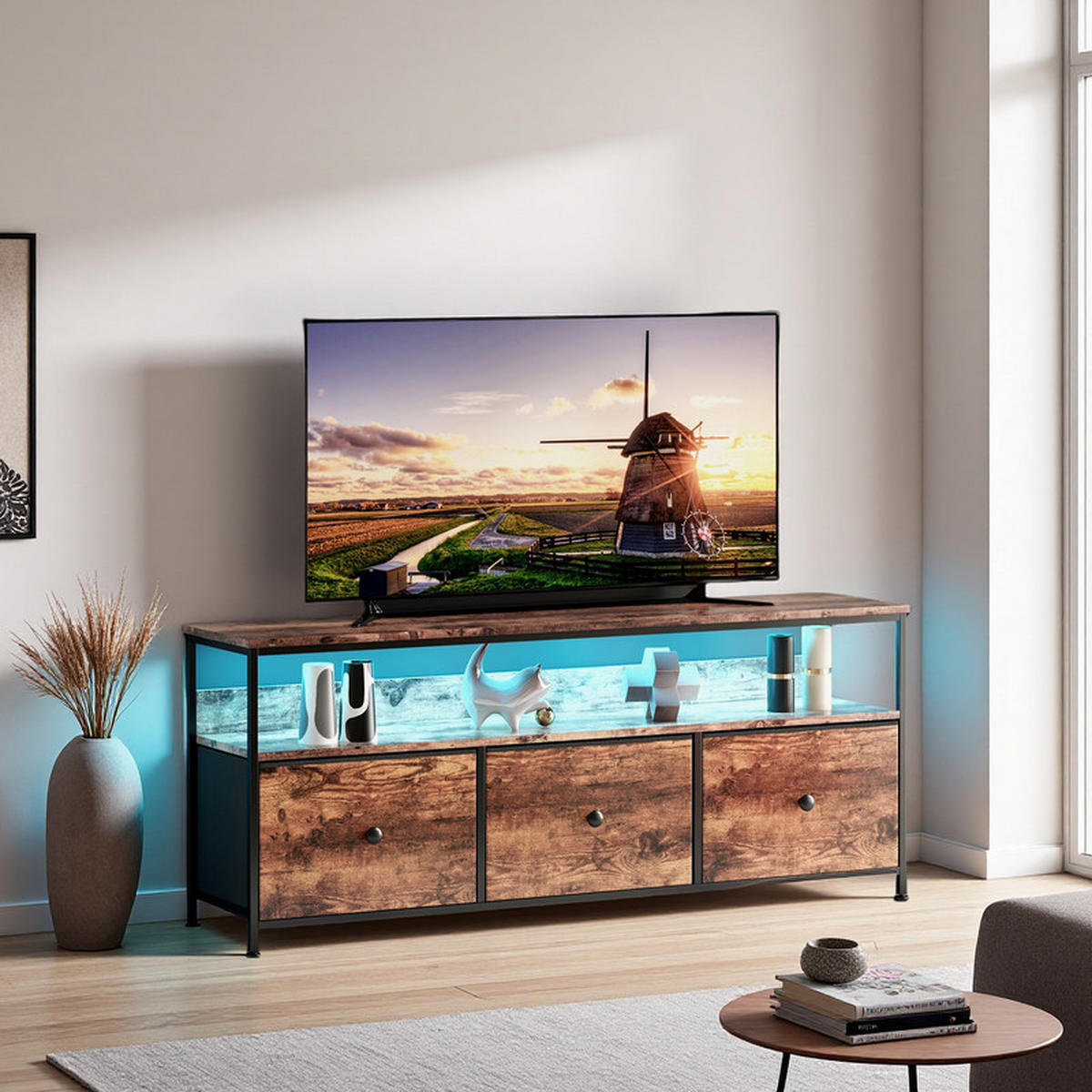 LOWBOARD, TV Schrank mit LED 137x30x57 cm, mit 3 Stoffschubladen und offenen Fächern - Eiche Artisan, Holz (29.8/57/137cm) - WoodenAura