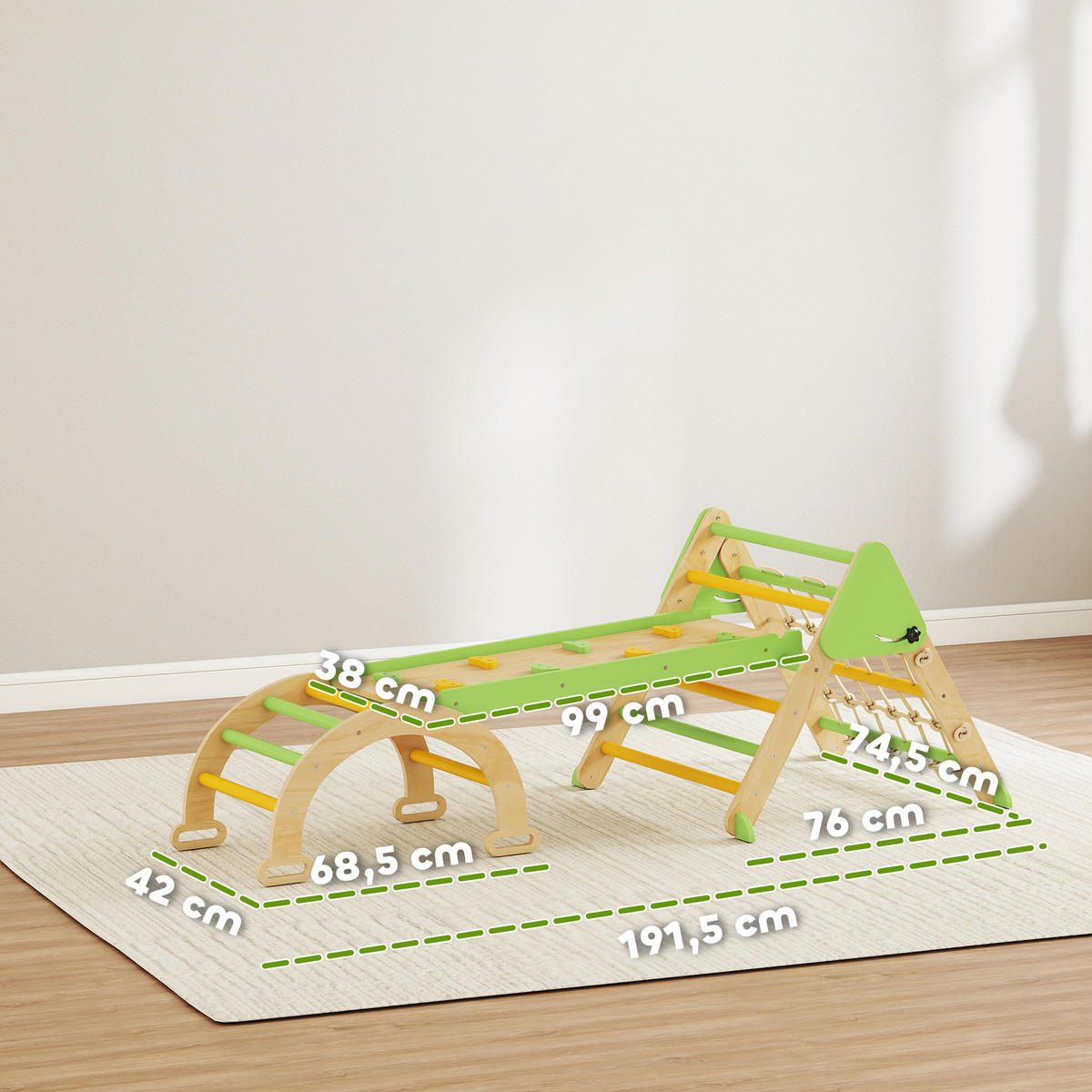 MONTESSORI-KLETTERGERÜST Holz Kletterdreieck mit Kletterbogen 8-in-1 - Grün, Holz (42/36/68.5cm) - AIYAPLAY