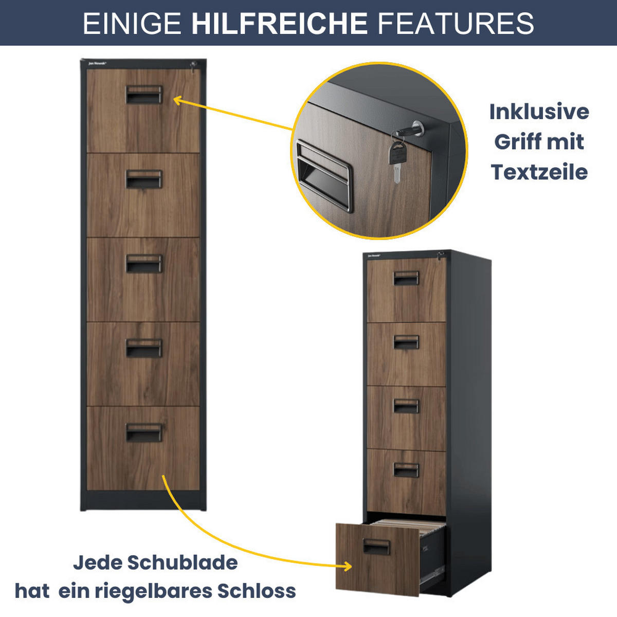 HÄNGEREGISTERSCHRANK abschließbar TION 5 Schubladen 163x46x62cm Anthrazit-Nussbaum - Anthrazit, Metall (46/163/62cm) - DELUKE