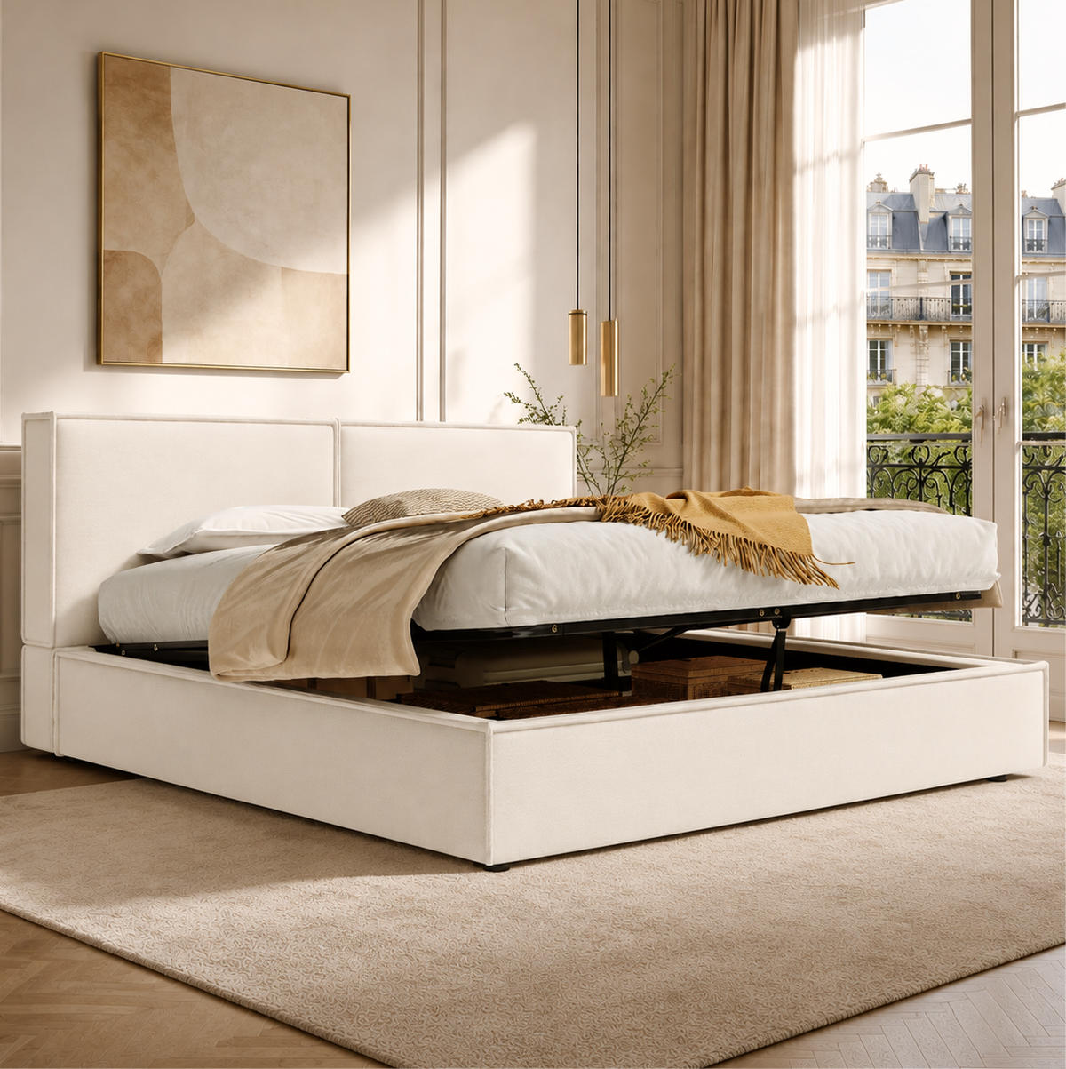 POLSTERBETT aus Leinen 180x200 cm Beige mit hydraulischem Bettkasten und Lattenrost - Beige, Textil (180/200cm) - Modfu