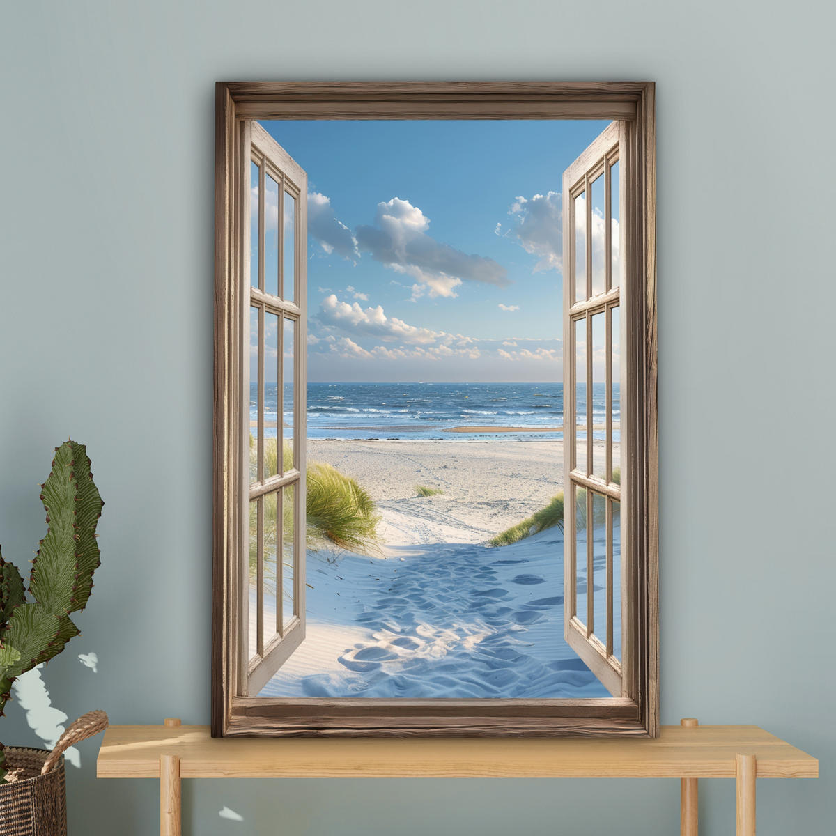 LEINWANDBILD Aussicht - Strand - Fenster - Dünen - Meer 60x90 cm - Hellblau, Textil (60/90cm) - MuchoWow