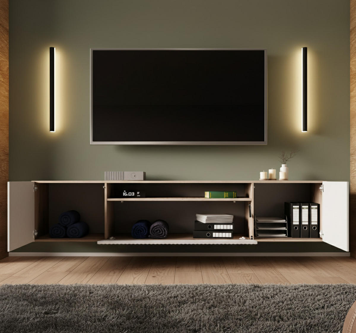 LOWBOARD Noa, Hängender TV-Schrank mit Push-to-Open System, eiche Artisan+weiß - Eiche Artisan/Weiß, Holzwerkstoff (200/41/40cm) - AN-Moebel 4u