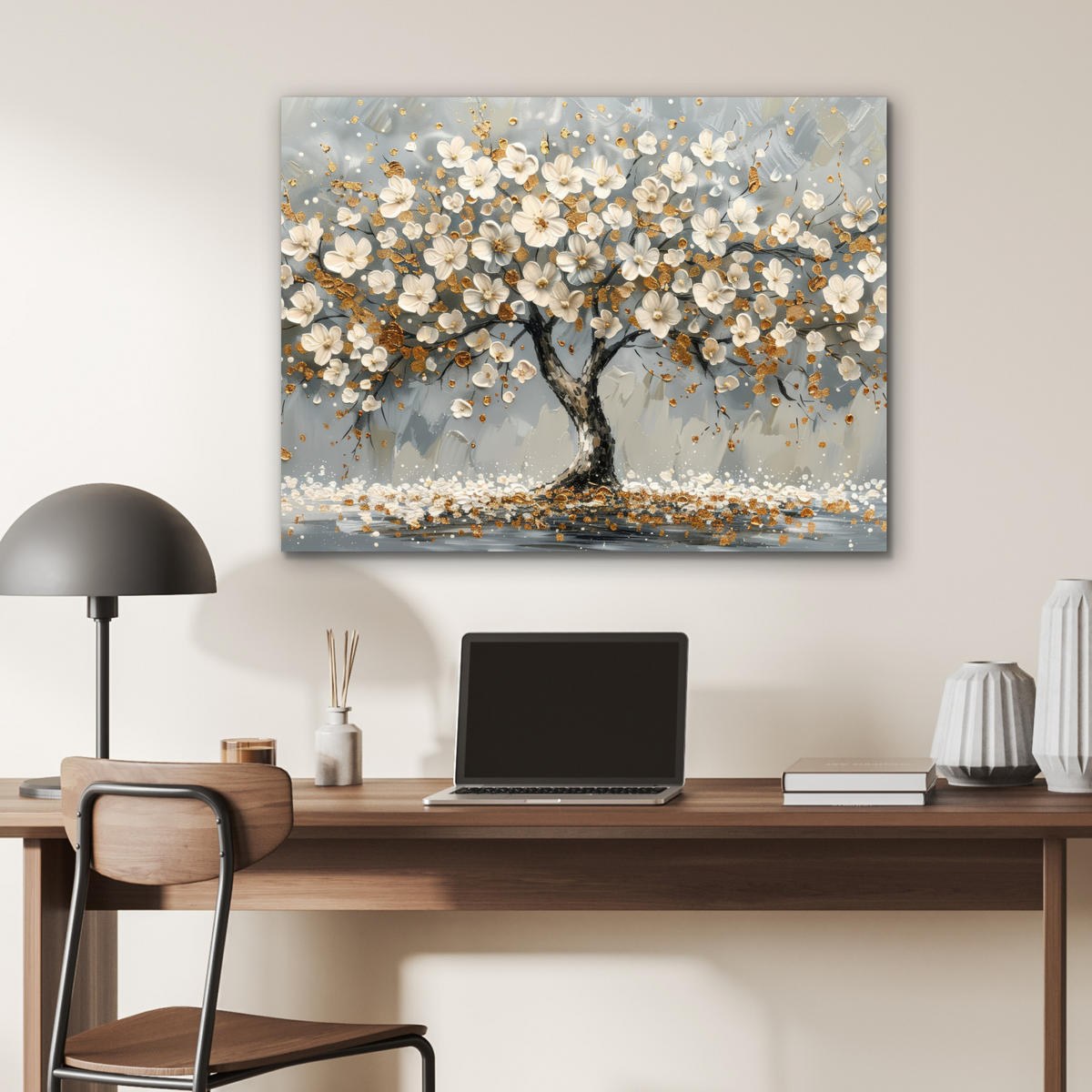 KOVOVÝ OBRAZ Strom - Kvety - Biela - Príroda - Umenie 80x60 cm - biela, kov (80/60cm) - MuchoWow