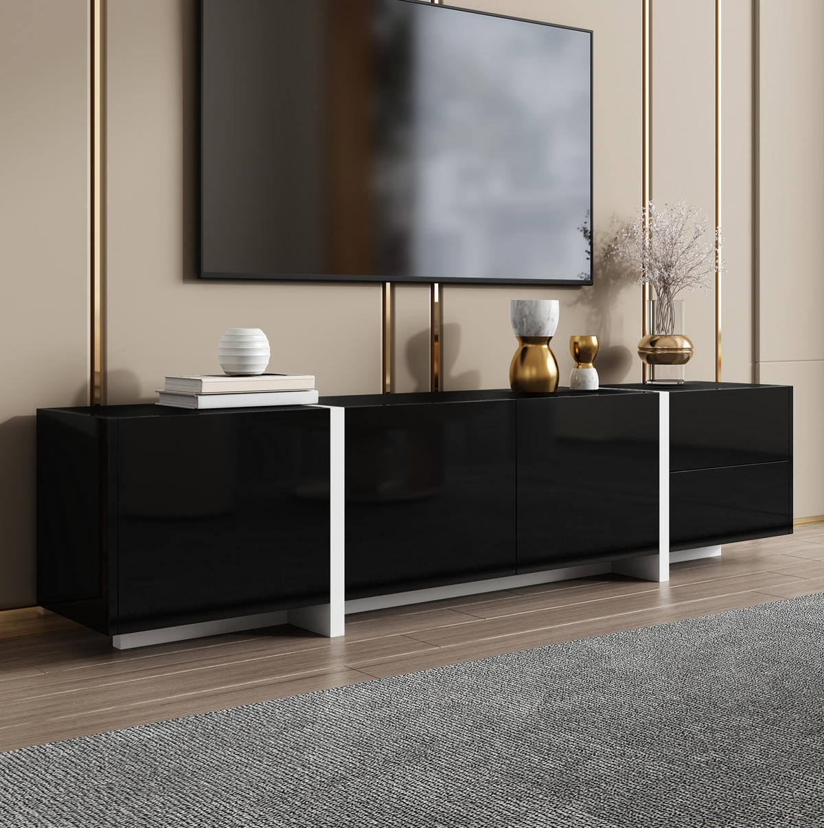 TV-SCHRANK in Schwarz/Weiß Hochglanz mit 3 Türen und Schublade 170/30/39 cm - Schwarz, Holzwerkstoff (170/39/30cm) - Redom