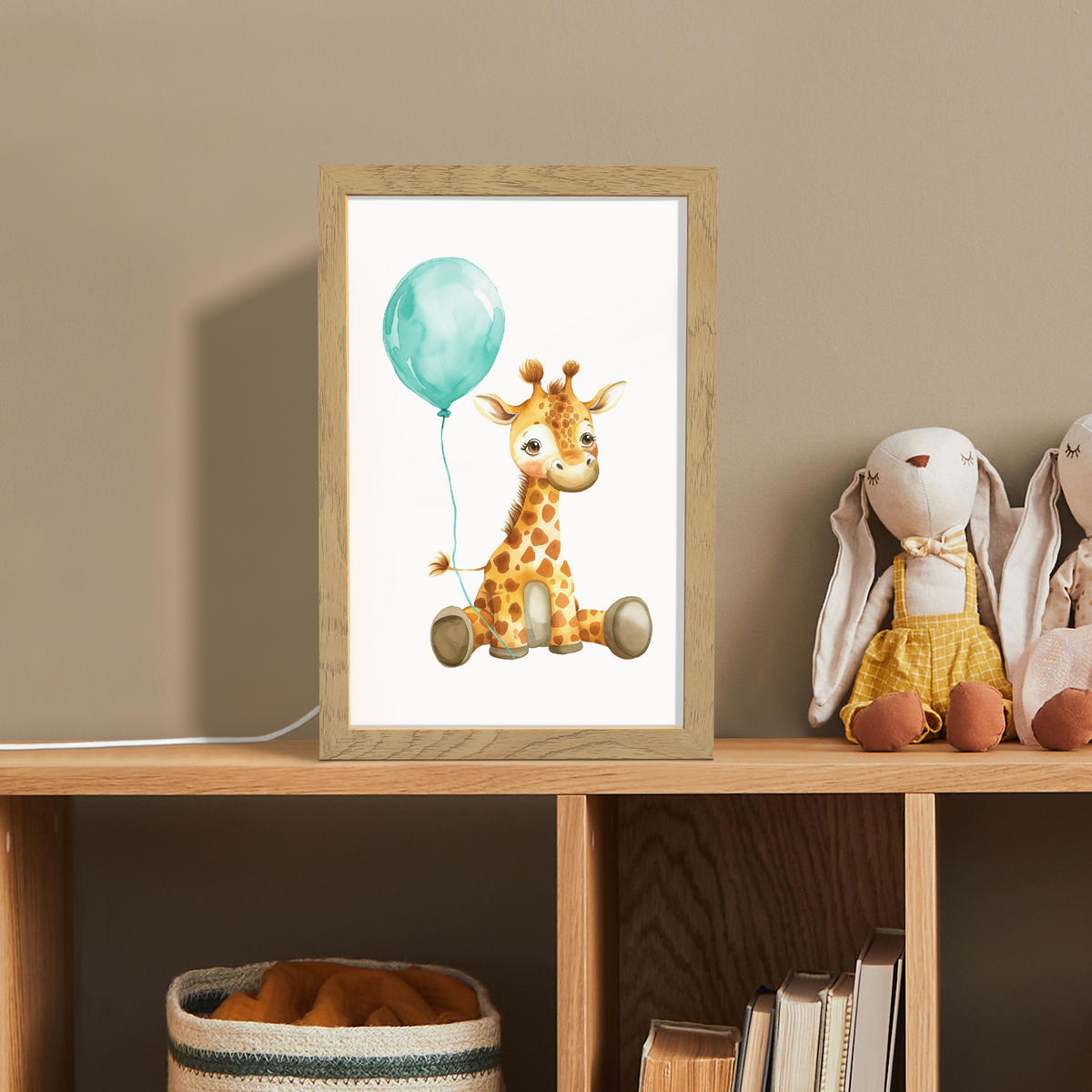 NACHTTISCHLAMPE Giraffe - Baby - Tiere - Blauer Ballon 20x30 cm - Weiß, Holzwerkstoff (8/20/30cm)