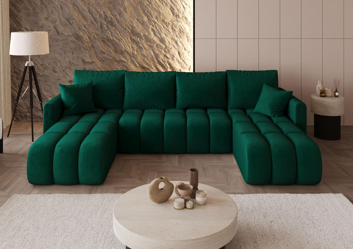 WOHNLANDSCHAFT GARDA U-Form grün Velours Monolith 37 - Schlaffunktion, Bettkasten - Grün, Textil (305/88/150cm) - Cornero