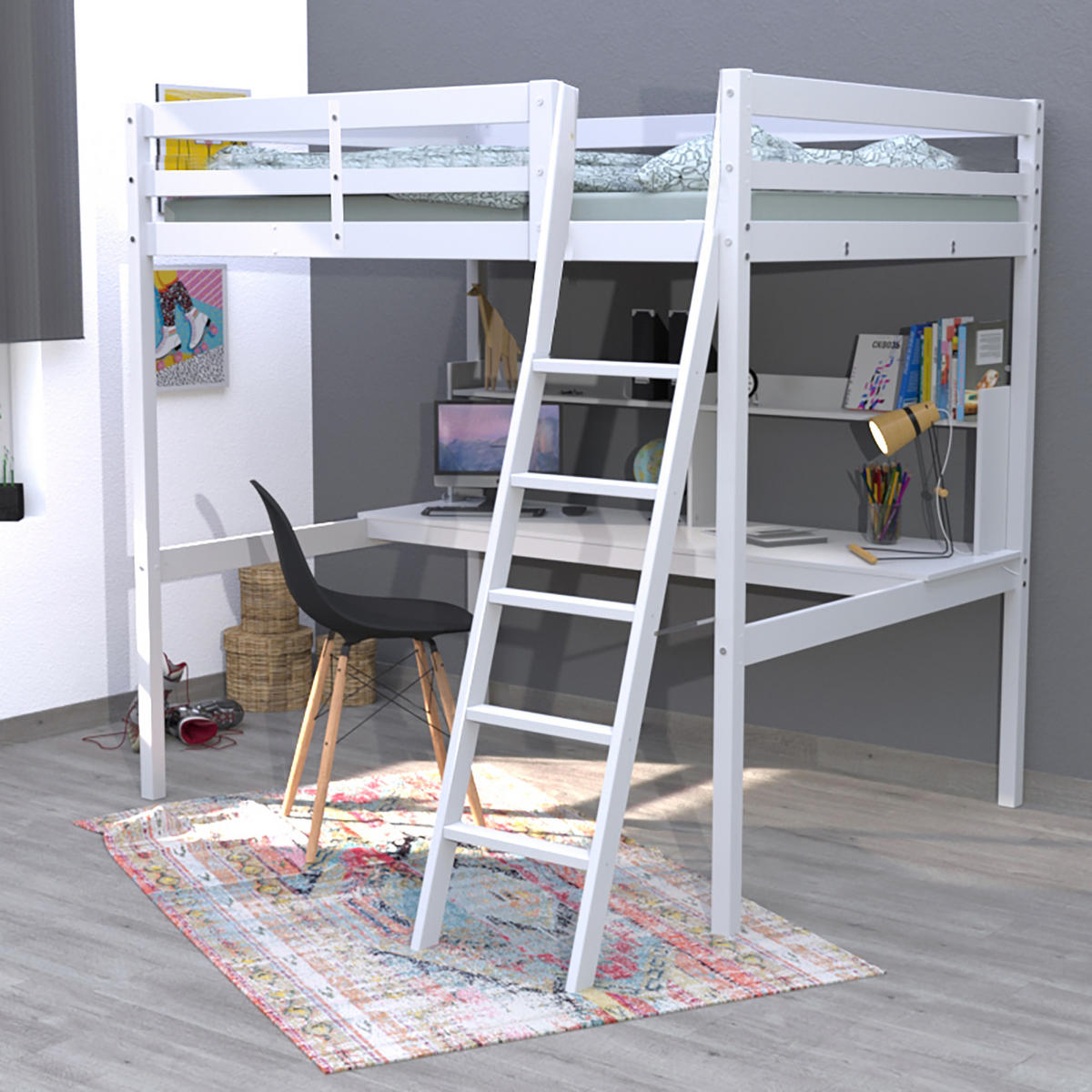 HOCHBETT STUDIO mit Schreibtisch Regal/ Hochbett 140x190 - Weiß - Weiß, Holz (140/190cm) - Weber Industries