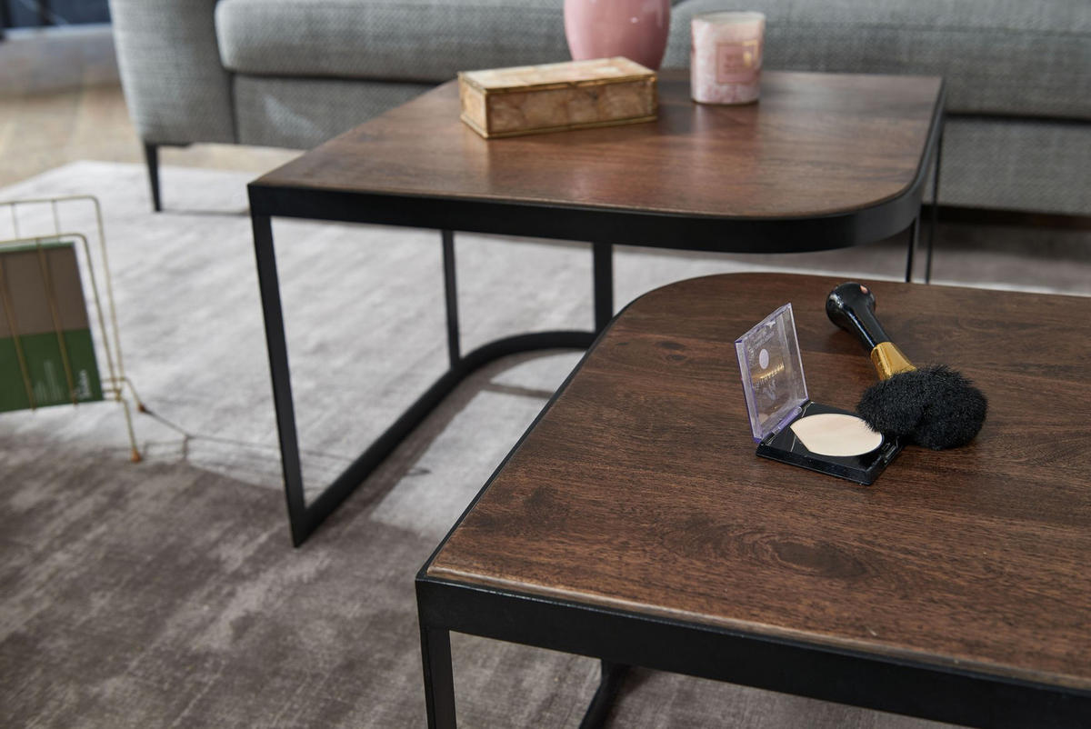BEISTELLTISCH 2er Set Mango Massivholz Eisen Abgerundete Ecken TIMAVO, Schwarz - Schwarz, Holz/Metall (60/60/40cm) - KADIMA DESIGN