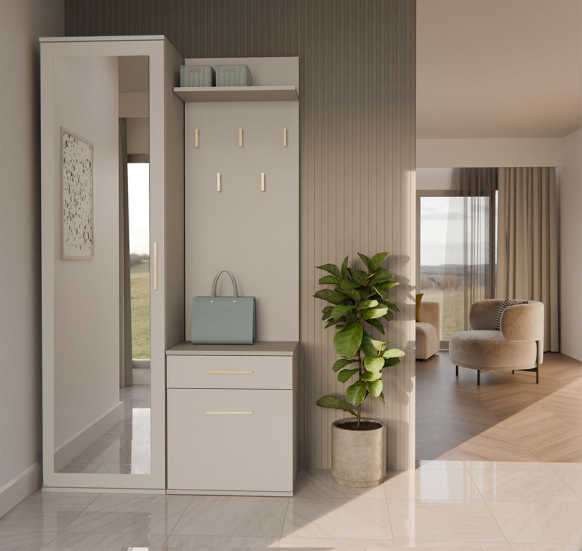 FLURMÖBEL-SET Duvio Greige - Taupe/Silberfarben, Holzwerkstoff/Kunststoff (100/35/180cm) - Selsey