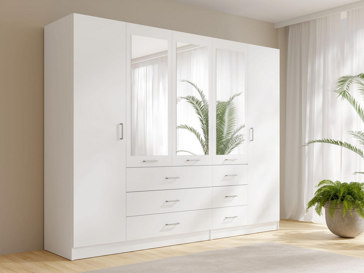 KLEIDERSCHRANK KERONA 21 - 250×200,5×58 cm mit 3 Spiegeln, 5 Türen & 6 Schubladen Weiß - Weiß, Holz/Holzwerkstoff (250/200.5/58cm) - Milaros Markt