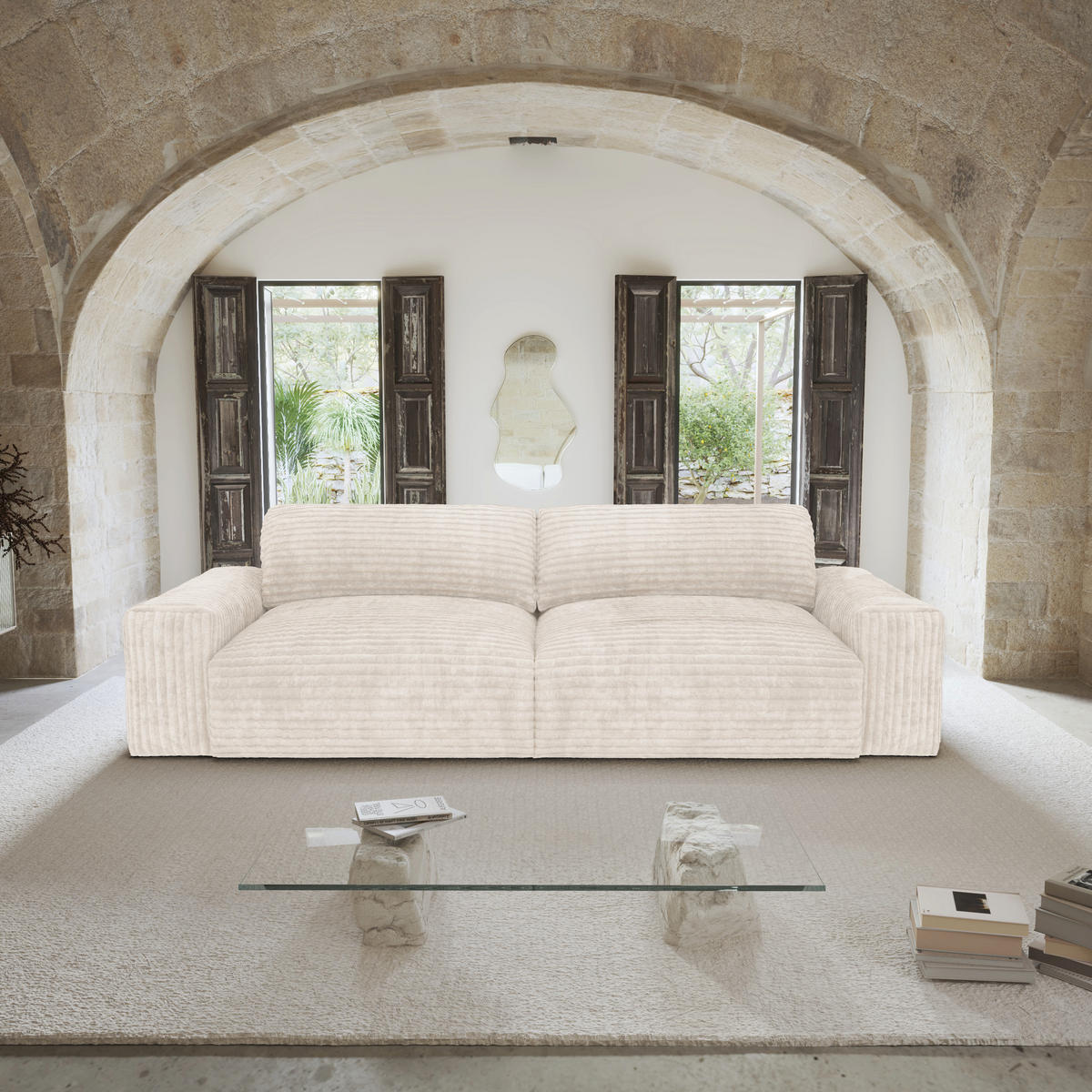 SOFA 3-SITZER Gerippter Samt XXL Creme 220cm - Creme, Textil (220/75/120cm) - Sia Home