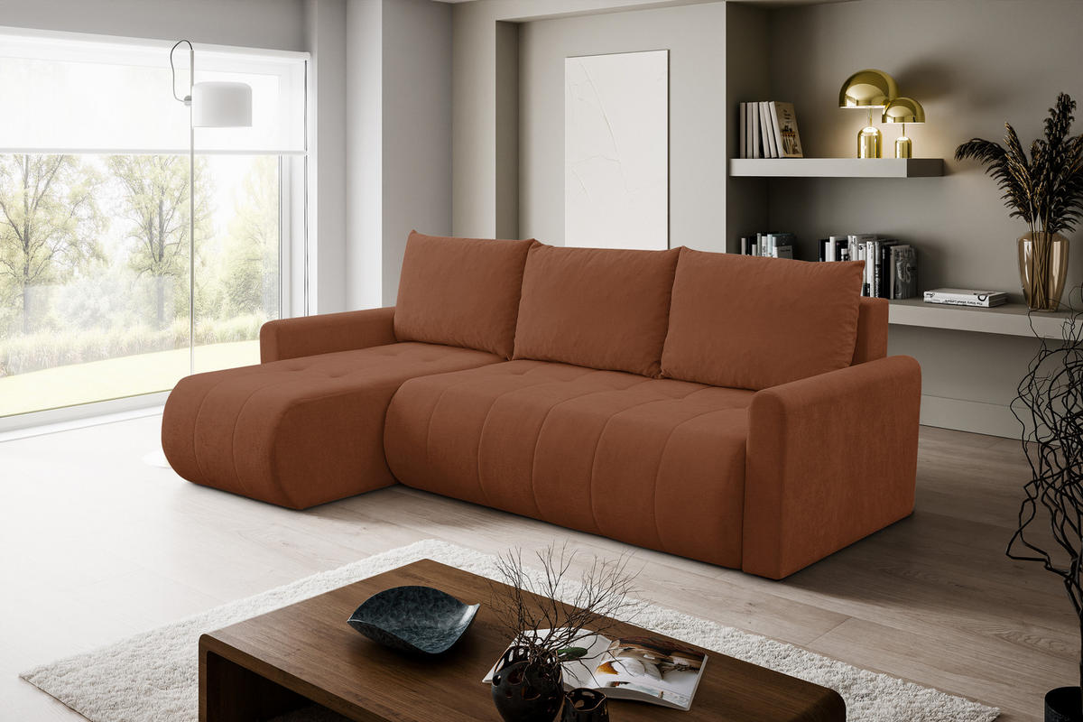 ECKSOFA Primo mit Schlaffunktion und Bettkasten in Cordstoff - Rostfarben/Schwarz, Holz/Holzwerkstoff (245/143cm) - Ravio
