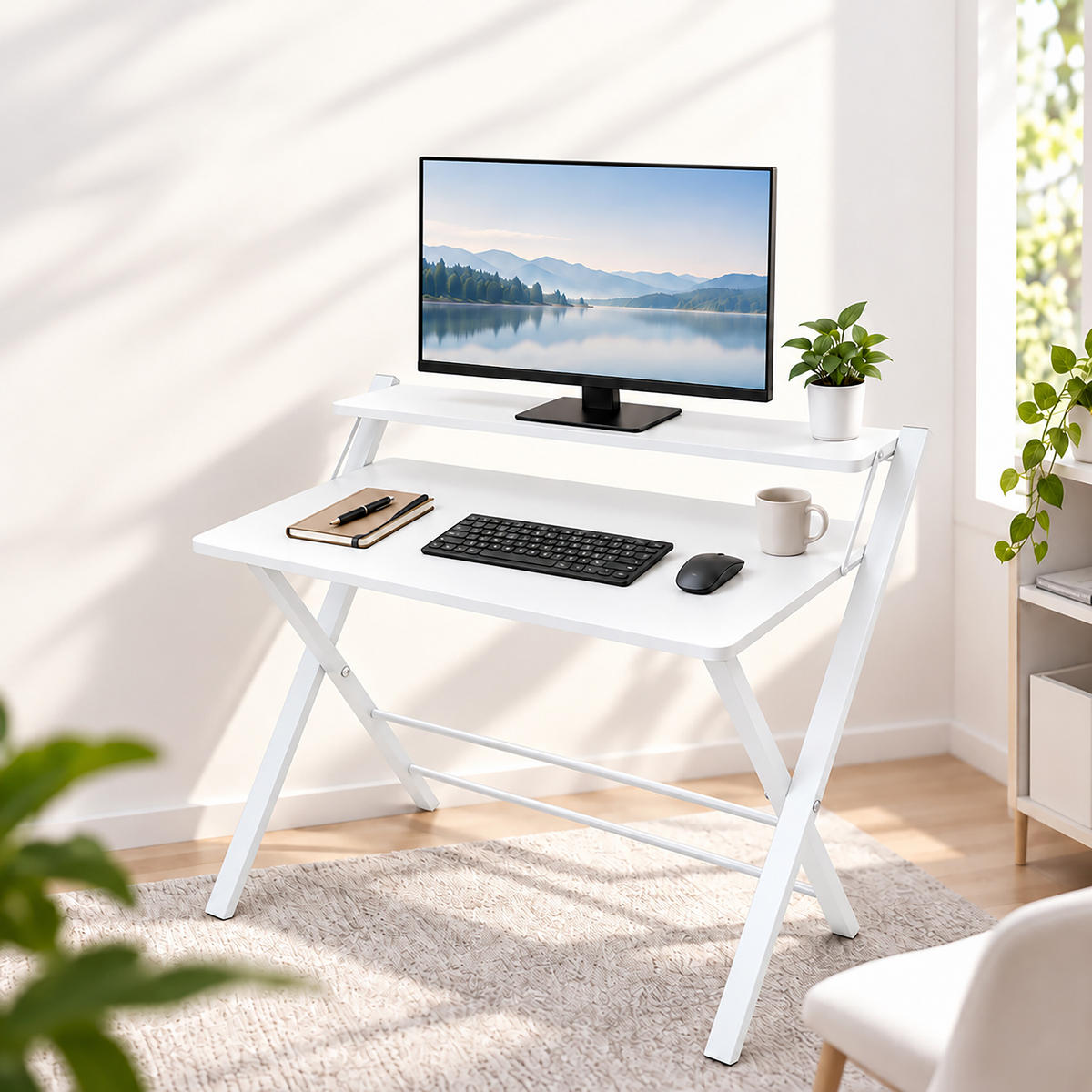 SCHREIBTISCH Weiß klappbar mit Monitoraufsatz 70x56 cm - Weiß, Holzwerkstoff/Metall (56/70/82cm) - Relaxdays
