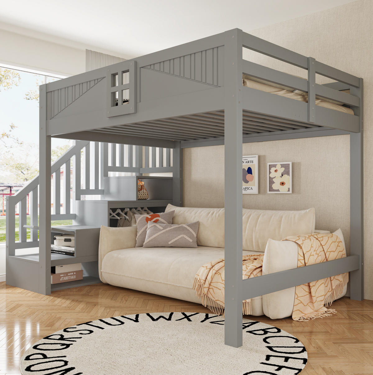 HOCHBETT 140x200 cm in Grau mit Stauraumtreppe und Sicherheitsgeländer - Grau, Holz (140/200cm) - IVMEU