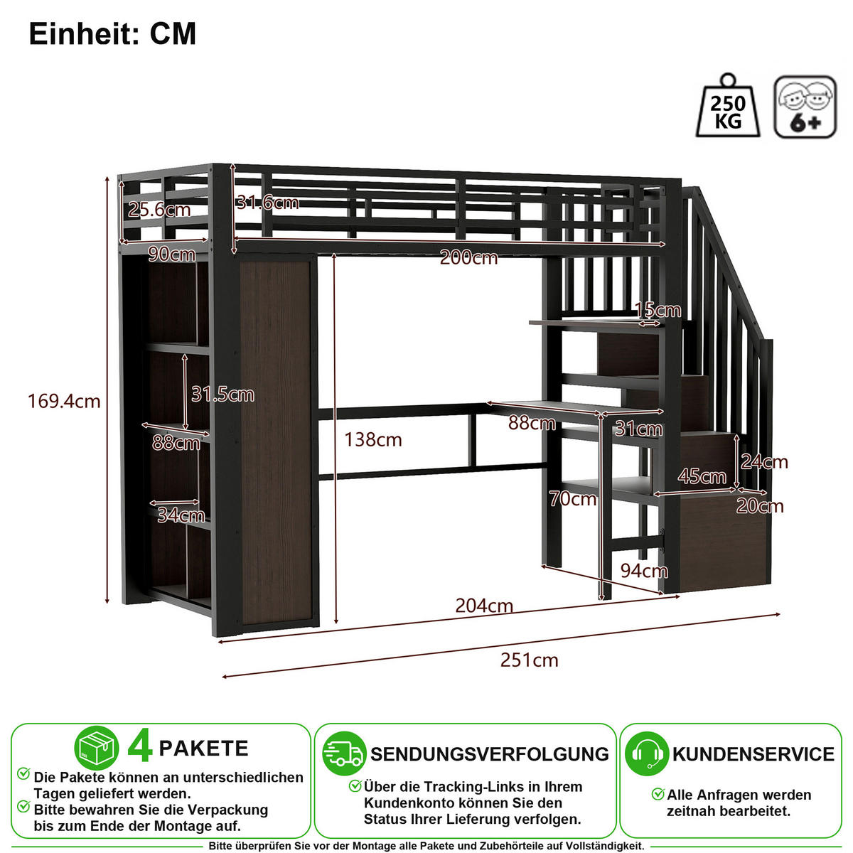 VYVÝŠENÁ POSTEL 90/200 cm v černé barvě s psacím stolem, LED a úložnými schody - černá, kov/kompozitní dřevo (90/200cm) - CHICFURN