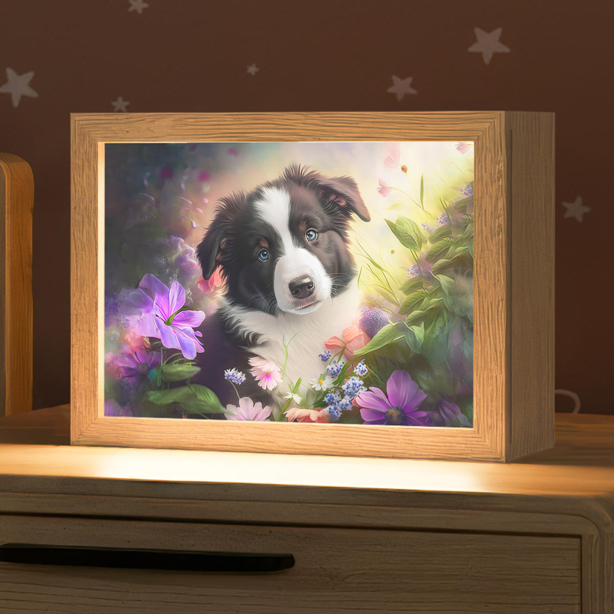 NACHTTISCHLAMPE Welpe - Sonne - Blumen - Natur - Border Collie - Hund 20x15 cm - Violett, Holzwerkstoff (8/20/15cm)