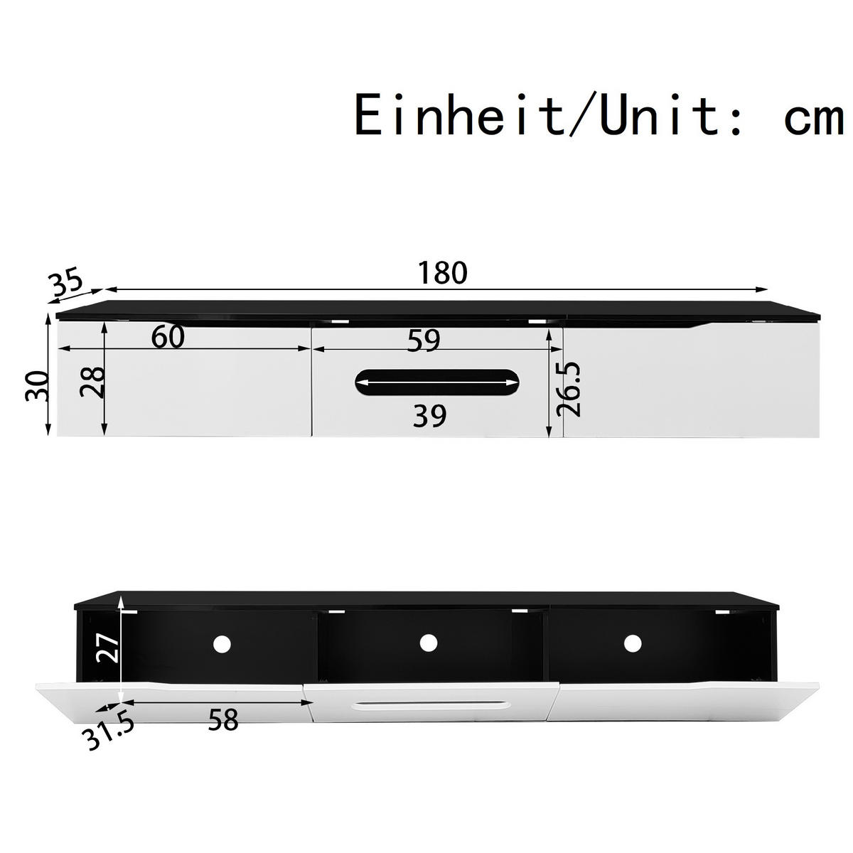 TV-SCHRANK 180cm Hochglanz 16-Farben-LED wandmontierbar Weiß-Schwarz - Weiß, Holz (46/16.5/133cm) - FLIEKS