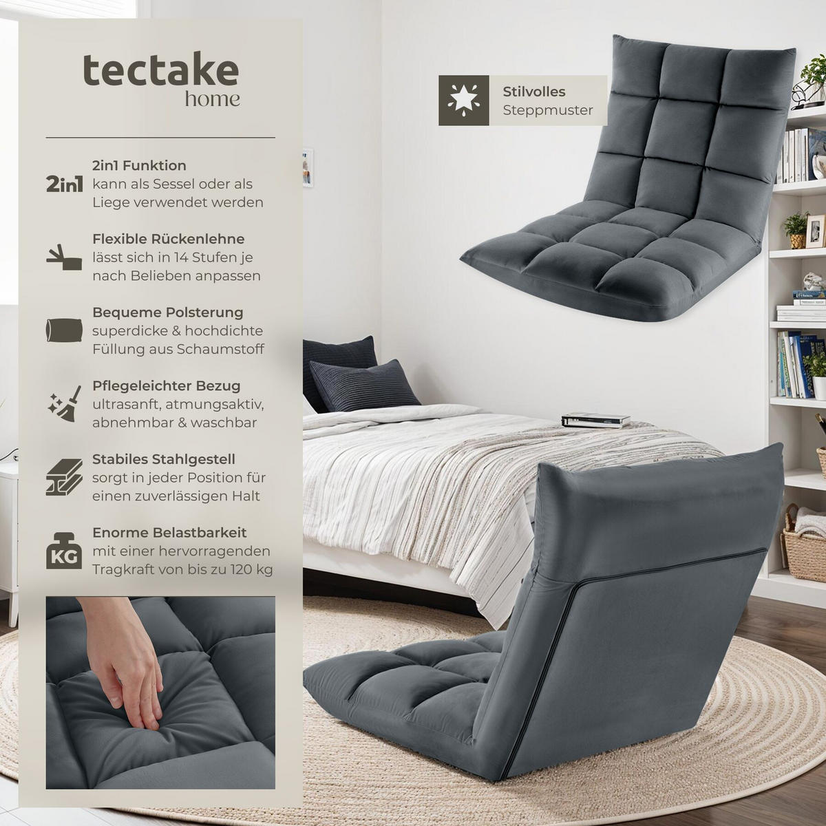 RELAXSESSEL Snooze ,108 x 57 x 13,5 cm,grau - Grau, Textil (57/13.5/108cm) - tectake