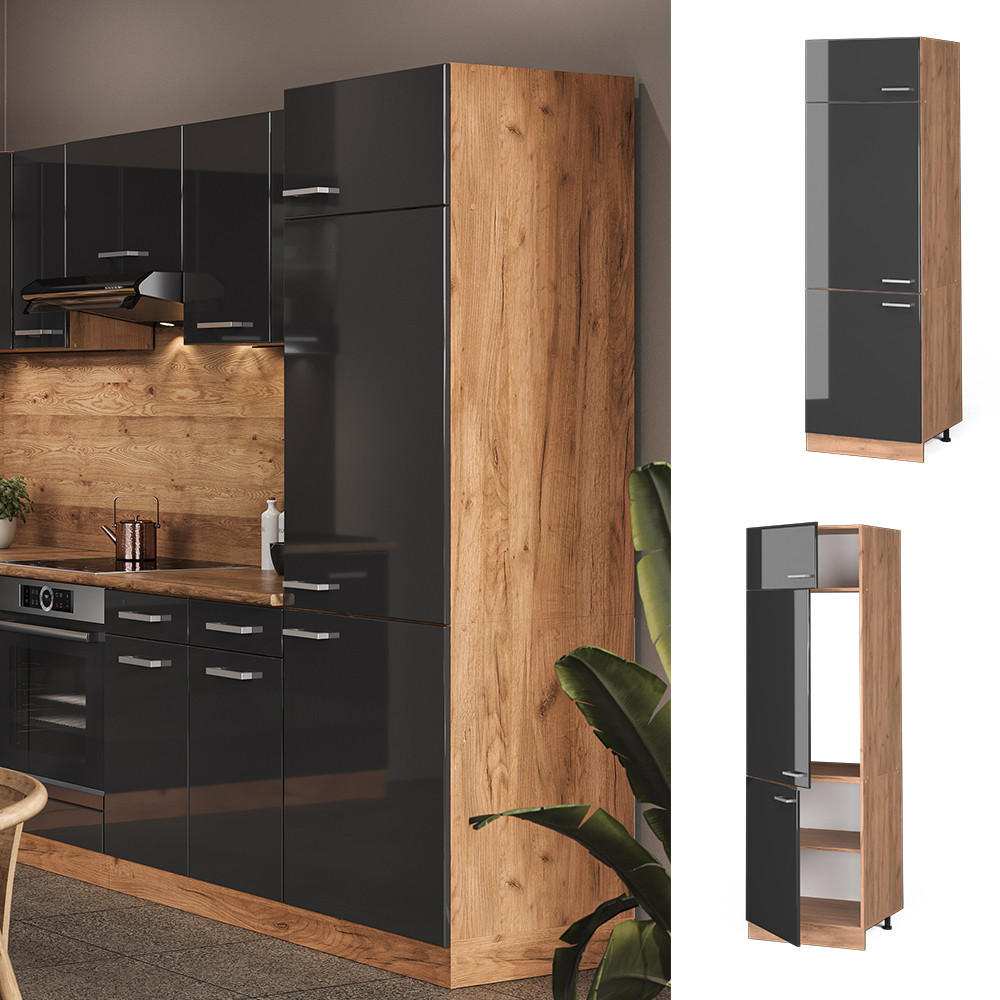 KÜHLUMBAUSCHRANK R-Line Anthrazit Hochglanz 60 cm - Honigeiche/Schwarz Hochglanz, Holzwerkstoff (60/206.8/57.2cm) - Vicco