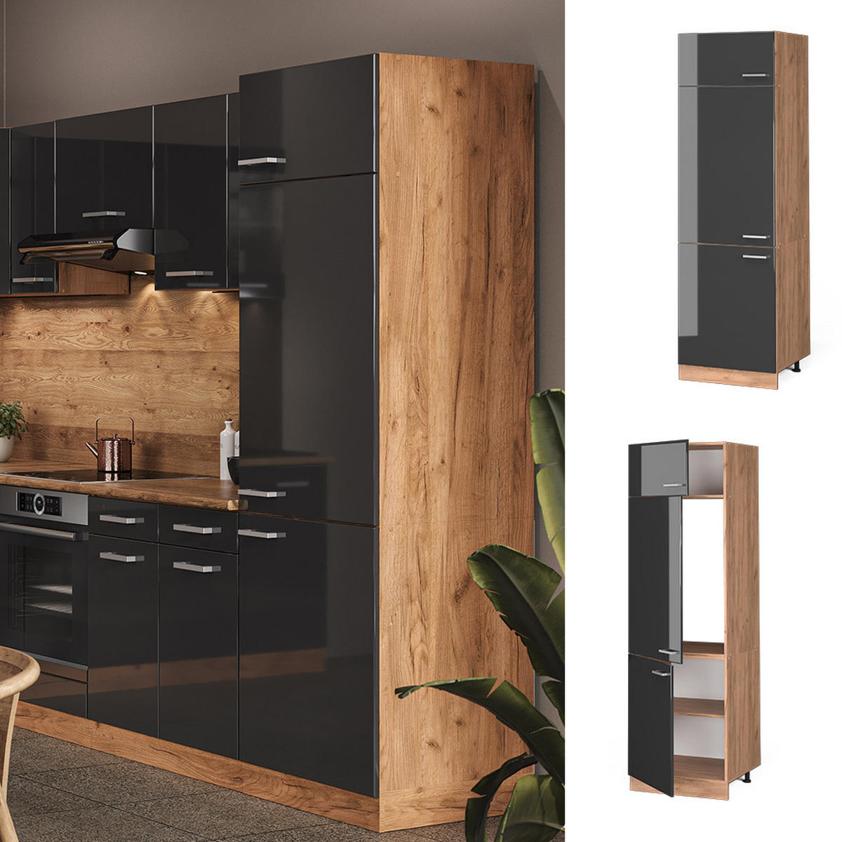 KÜHLUMBAUSCHRANK R-Line Anthrazit Hochglanz 60 cm - Honigeiche/Schwarz Hochglanz, Holzwerkstoff (60/206.8/57.2cm) - Vicco